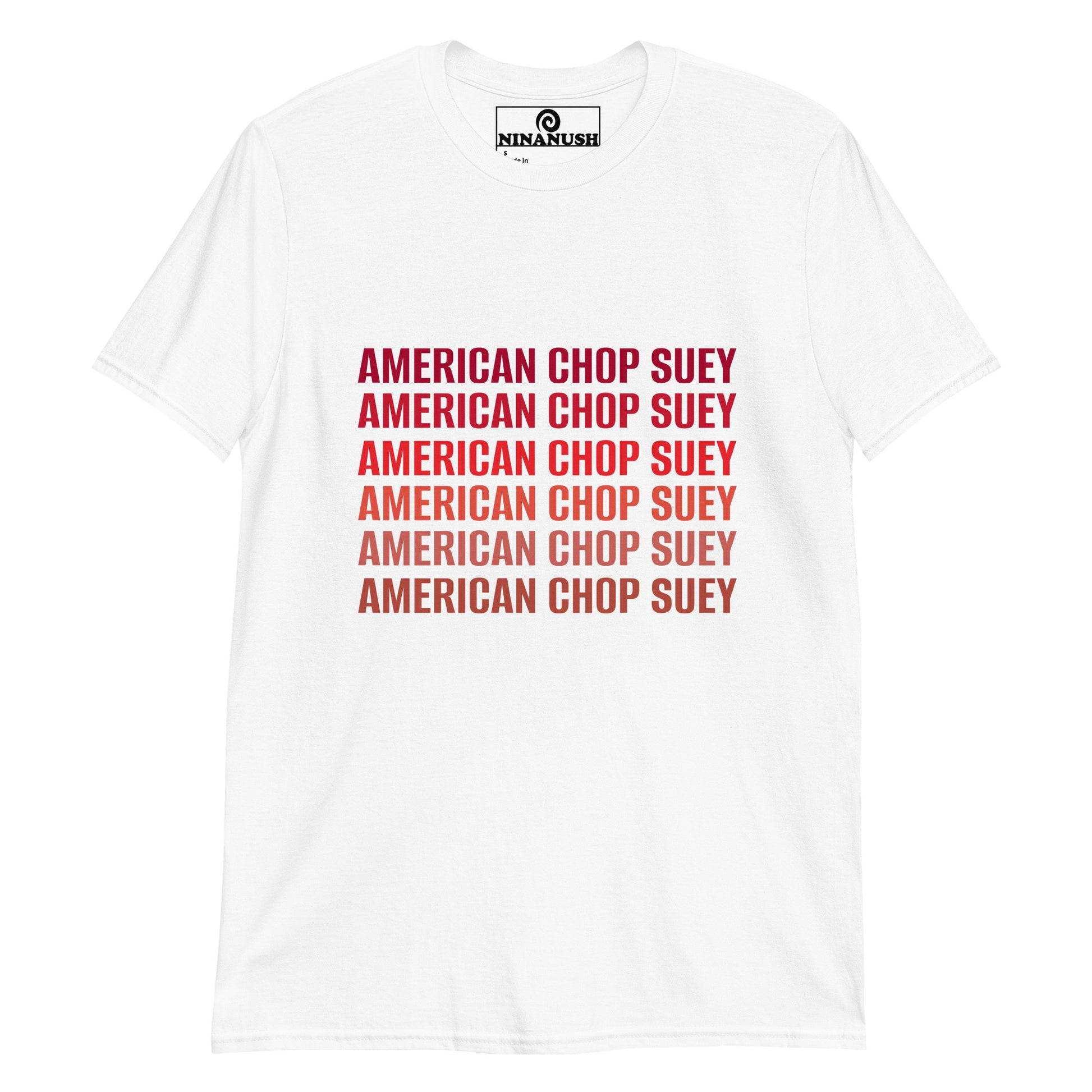 White American Chop Suey t-shirt - Show your love for New England food in this American chop seuy t-shirt. It's a cotton t-shirt with "American chop suey" on the front. If you love New England Food, this weird foodie t-shirt is just what you need. Make a statement in this funny New England tee or give it as a gift to an American Chop Suey enthusiast. 