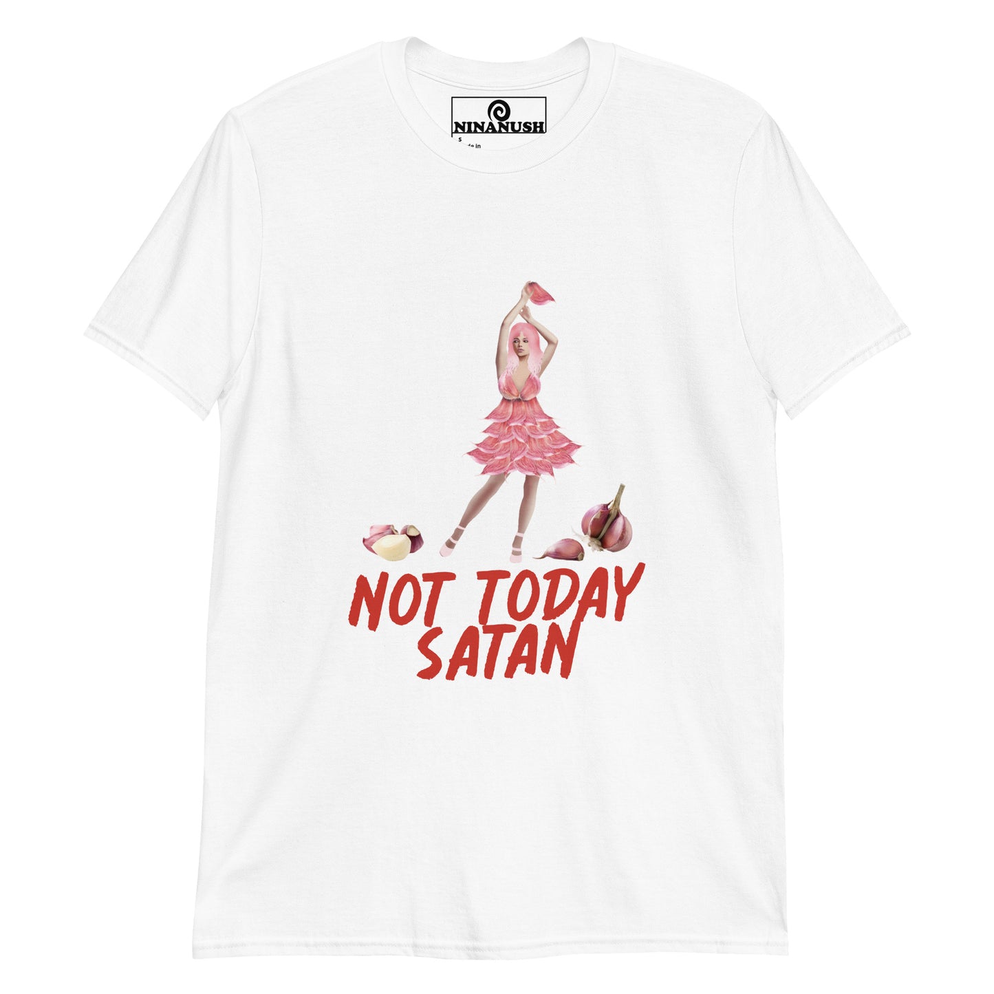 White not today satan t-shirt for garlic lovers from Nina's Funky Shop by ninanush - Not today Satan! This unique foodie shirt is designed for garlic enthusiasts and made just for you. It's a classic cotton tee with a funky girl in a garlic dress and the words "not today Satan." It's soft and comfortable with an eye-catching design for passionate garlic aficionados.