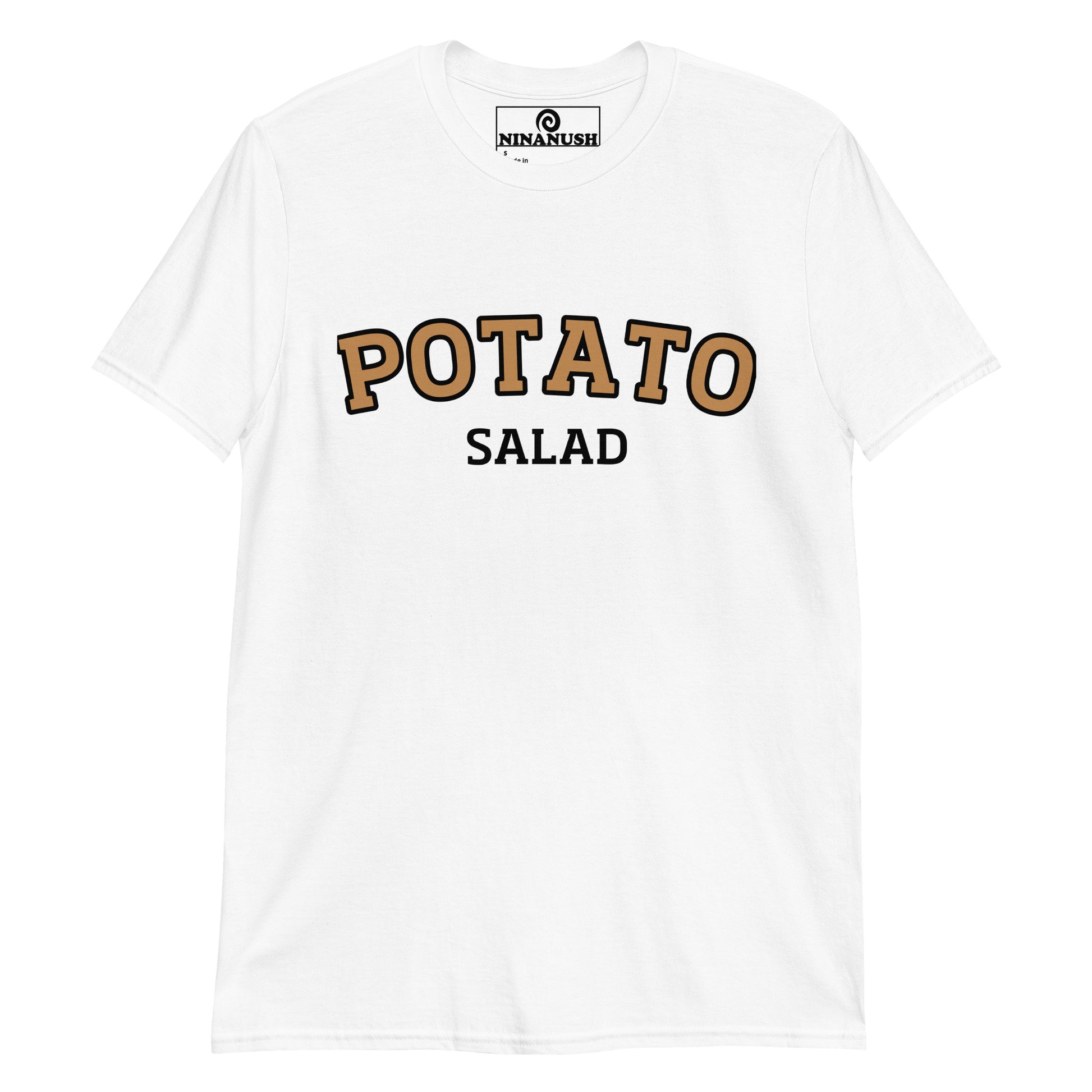 White potato salad t-shirt from Nina's Funky Shop by ninanush - The "Potato Salad T-Shirt." A funny food shirt that's specifically designed for potato salad lovers and foodies of all kinds. Now you can eat your favorite potato salad in style with this unique foodie graphic tee. This cotton shirt is soft and comfortable with an eye catching brown and white design. The perfect gift for a potato salad enthusiast or a quirky tee for all.