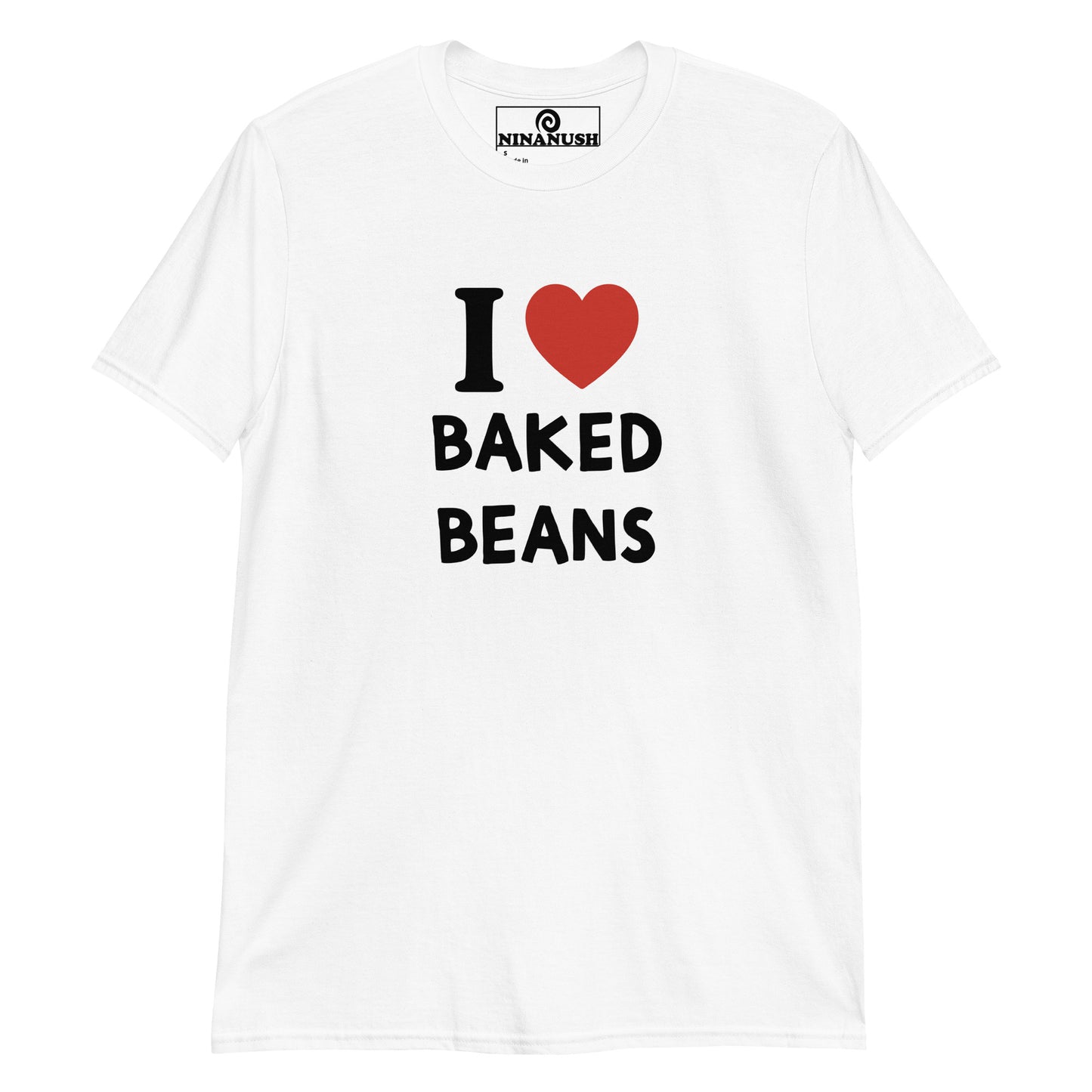 White I heart baked beans t-shirt from Nina's Funky Shop by ninanush - The I love Baked Beans t-shirt! A classic t-shirt for baked bean lovers that stands out and makes a bold statement. It's a soft and comfortable tee, designed for bean enthusiasts and made just for you. This baked beans shirt is the perfect quirky tee to add some personality to your outfits or a funny gift for a fellow bean lover.