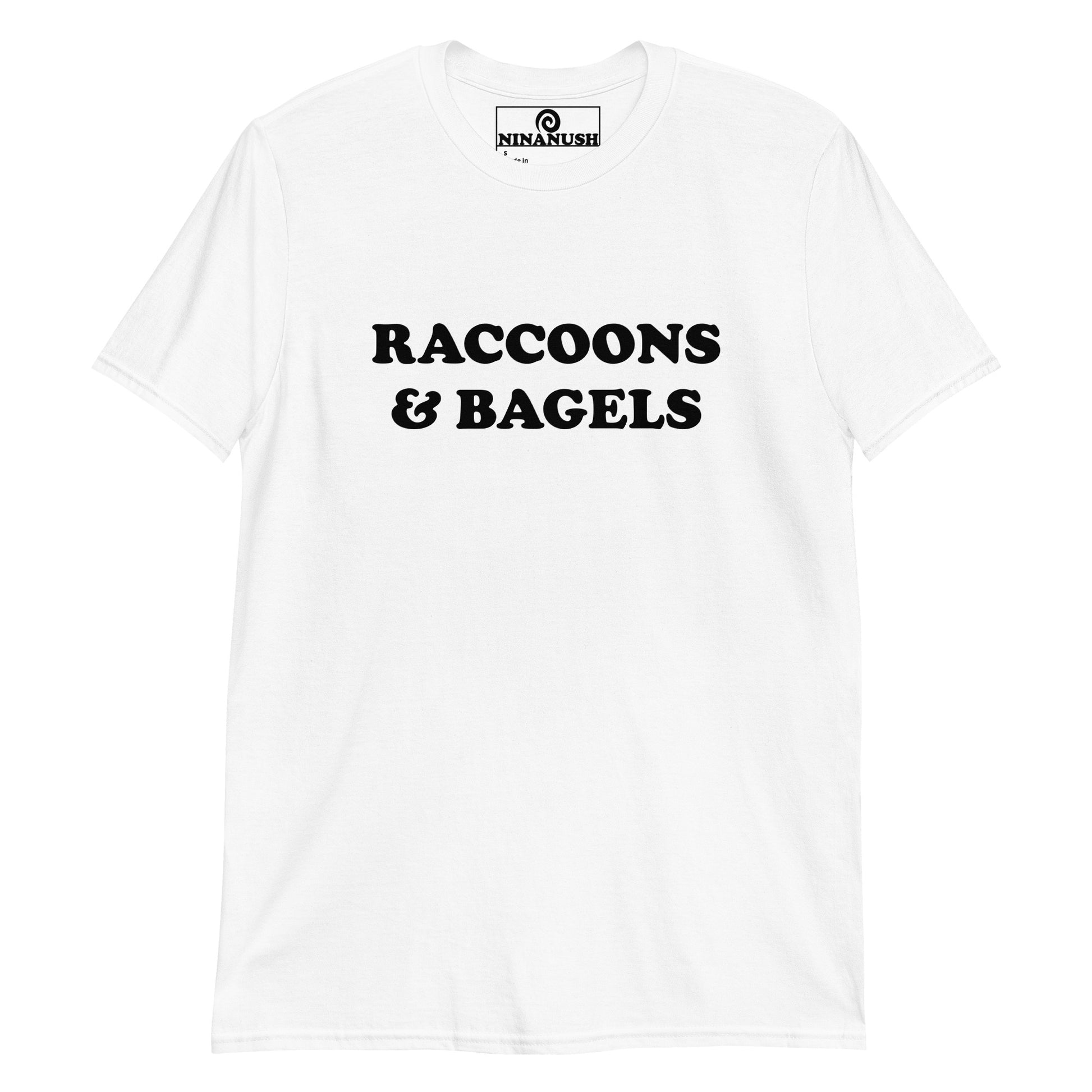 White raccoons and bagels t-shirt from Nina's Funky Shop by ninanush - The raccoons and bagels t-shirt! This classic cotton tee was designed for raccoon and bagel lovers and foodies of all kinds. Share your passion for raccoons and bagels with the world or give this quirky t-shirt to your favorite raccoon lover. It's soft, comfortable and made just for you.