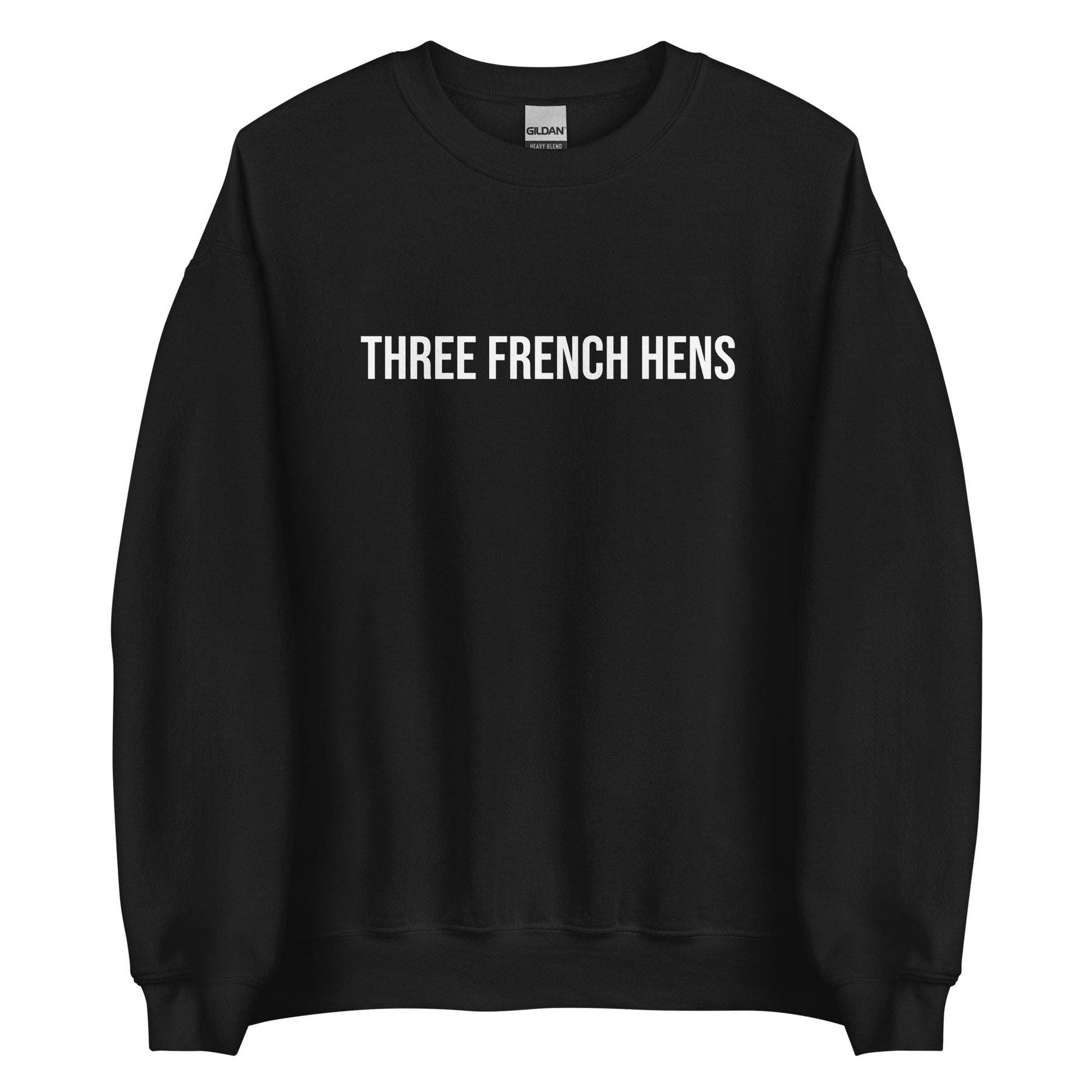 Black Three French Hens Sweatshirt from Nina's Funky Shop by ninanush - Looking for a unique holiday sweater? A funny Christmas gift? Our Three French Hens Crewneck Sweatshirt is made just for you. It comes in a variety of colors with "Three French Hens" on the front. Designed by Nina, this funny Christmas sweatshirt is perfect for a holiday party or a quirky sweatshirt for everyday.