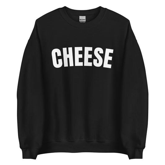 Black Unisex Crewneck Cheese Sweatshirt from Nina's Funky Shop by ninanush - Do you love cheese? Looking for a funny gift for a friend? Our Cheese Crewneck Sweatshirt is just what you need. It's a unisex sweatshirt for foodies with "cheese" on the front. The perfect funny food sweatshirt for cozy nights in or stand out cheese lover streetwear. This cheese enthusiast sweatshirt is made just for you. 