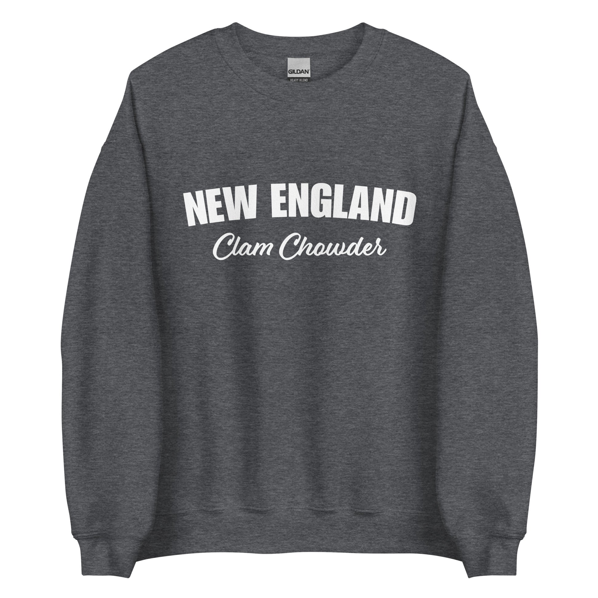 Dark Gray New England Clam Chowder Sweatshirt from Nina's Funky Shop by ninanush - Do you love New England Clam Chowder? Looking for a gift for your favorite New Englander? Introducing our New England Clam Chowder Sweatshirt! It's soft, comfortable and a funny foodie sweatshirt for Chowder lovers. This crew neck sweatshirt comes in a variety of colors with "New England Clam Chowder" on the front. 