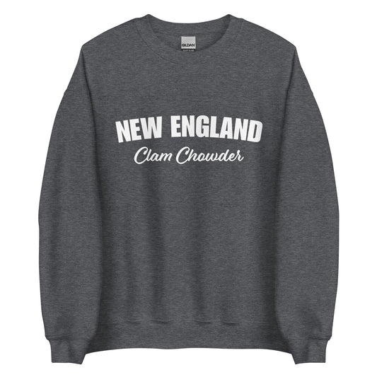 Dark Gray New England Clam Chowder Sweatshirt from Nina's Funky Shop by ninanush - Do you love New England Clam Chowder? Looking for a gift for your favorite New Englander? Introducing our New England Clam Chowder Sweatshirt! It's soft, comfortable and a funny foodie sweatshirt for Chowder lovers. This crew neck sweatshirt comes in a variety of colors with "New England Clam Chowder" on the front. 
