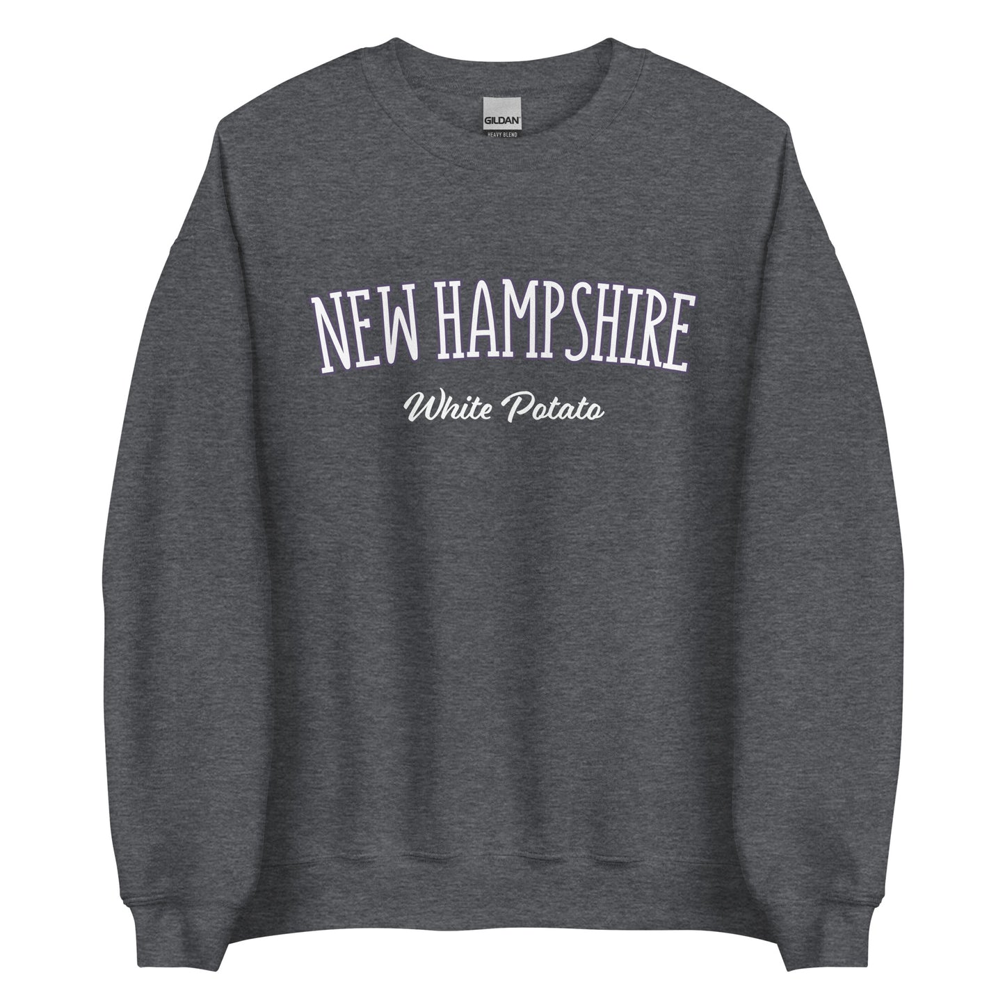 Dark gray unique New Hampshire White Potato Sweatshirt from Nina's Funky Shop by ninanush - Do you love white potatoes? Looking for a funny New Hampshire gift? Introducing our New Hampshire White Potato Sweatshirt! It's a unique New Hampshire sweatshirt for white potato lovers and New Englanders of all kinds. This unisex, crew neck sweatshirt is perfect for cozy New England nights in or stand out streetwear.