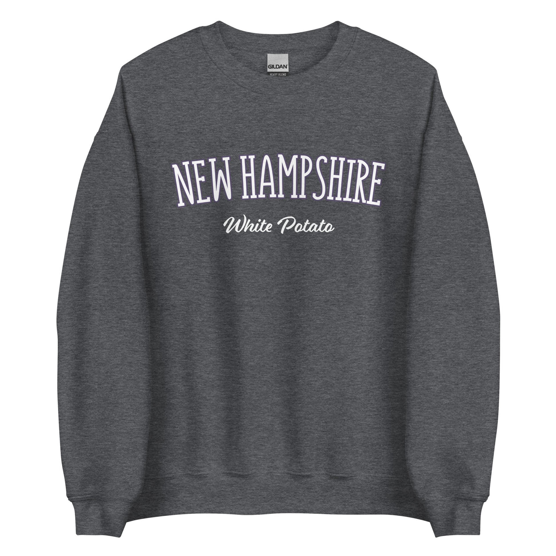 Dark gray unique New Hampshire White Potato Sweatshirt from Nina's Funky Shop by ninanush - Do you love white potatoes? Looking for a funny New Hampshire gift? Introducing our New Hampshire White Potato Sweatshirt! It's a unique New Hampshire sweatshirt for white potato lovers and New Englanders of all kinds. This unisex, crew neck sweatshirt is perfect for cozy New England nights in or stand out streetwear.