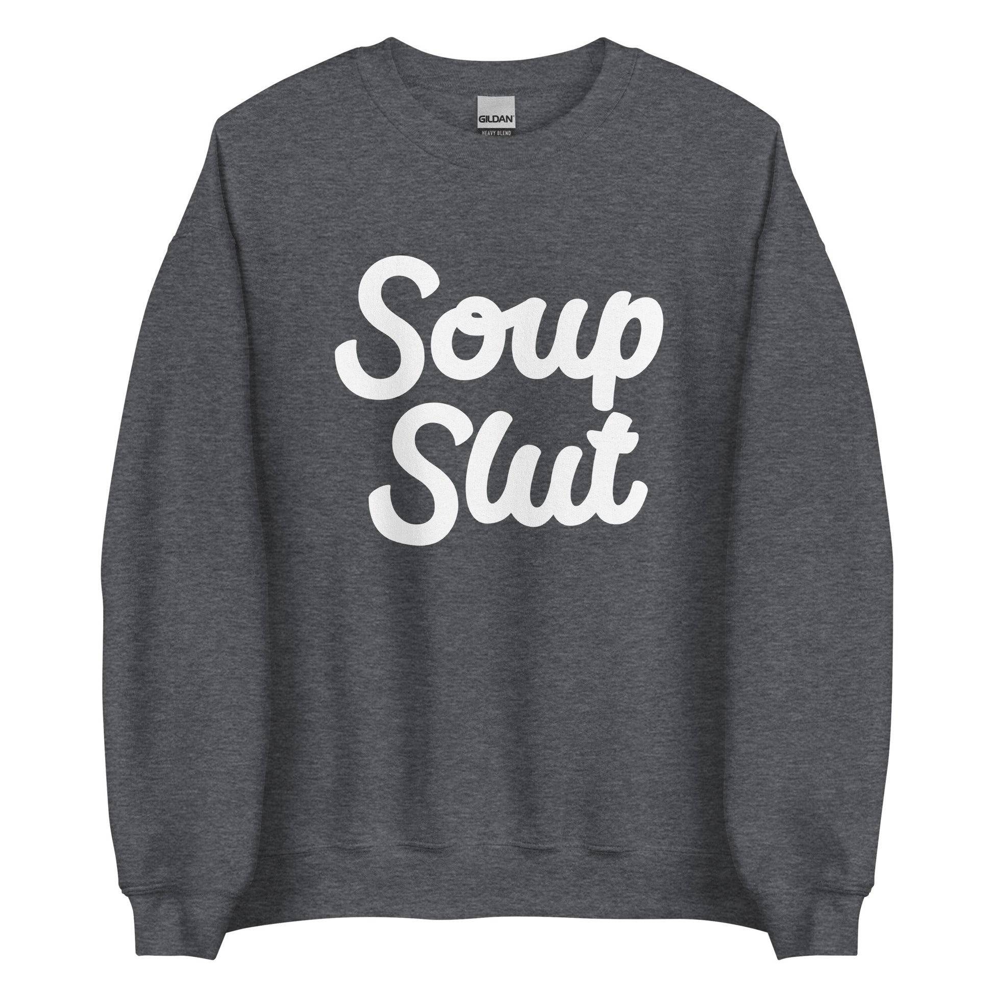 Dark Gray Soup Slut Sweatshirt from Nina's Funky Shop by ninanush - Do you love soup? Looking for a funny gift? Our Soup Slut Crewneck Sweatshirt is soft, comfortable and just what you need. It's a unisex foodie sweatshirt with "soup slut" on the front. A funny foodie sweatshirt for cozy nights in or stand out soup lover streetwear. This soup enthusiast sweatshirt is made just for you.