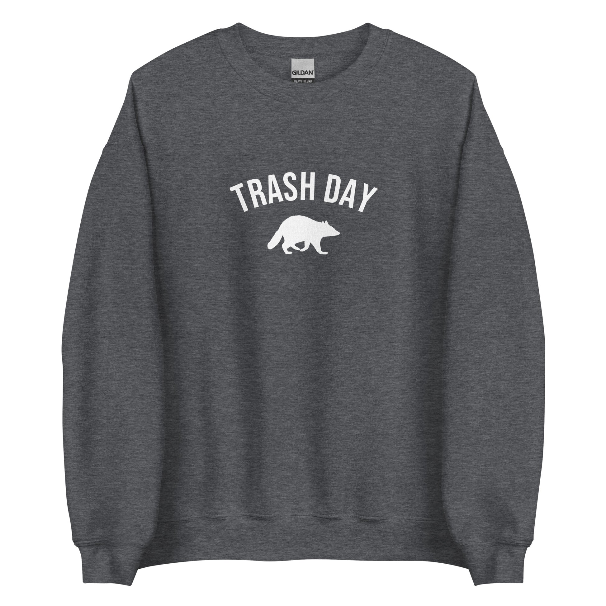 Dark Gray Trash Day Raccoon Sweatshirt from Nina's Funky Shop by ninanush - Live every day like it's trash day Do you love raccoons? Looking for a funny gift? Our Trash Day Raccoon Crewneck Sweatshirt is soft, comfortable and just what you need. It's a unisex raccoon sweatshirt that comes in a variety of colors with "trash day" and a raccoon silhouette, expertly printed on the front.