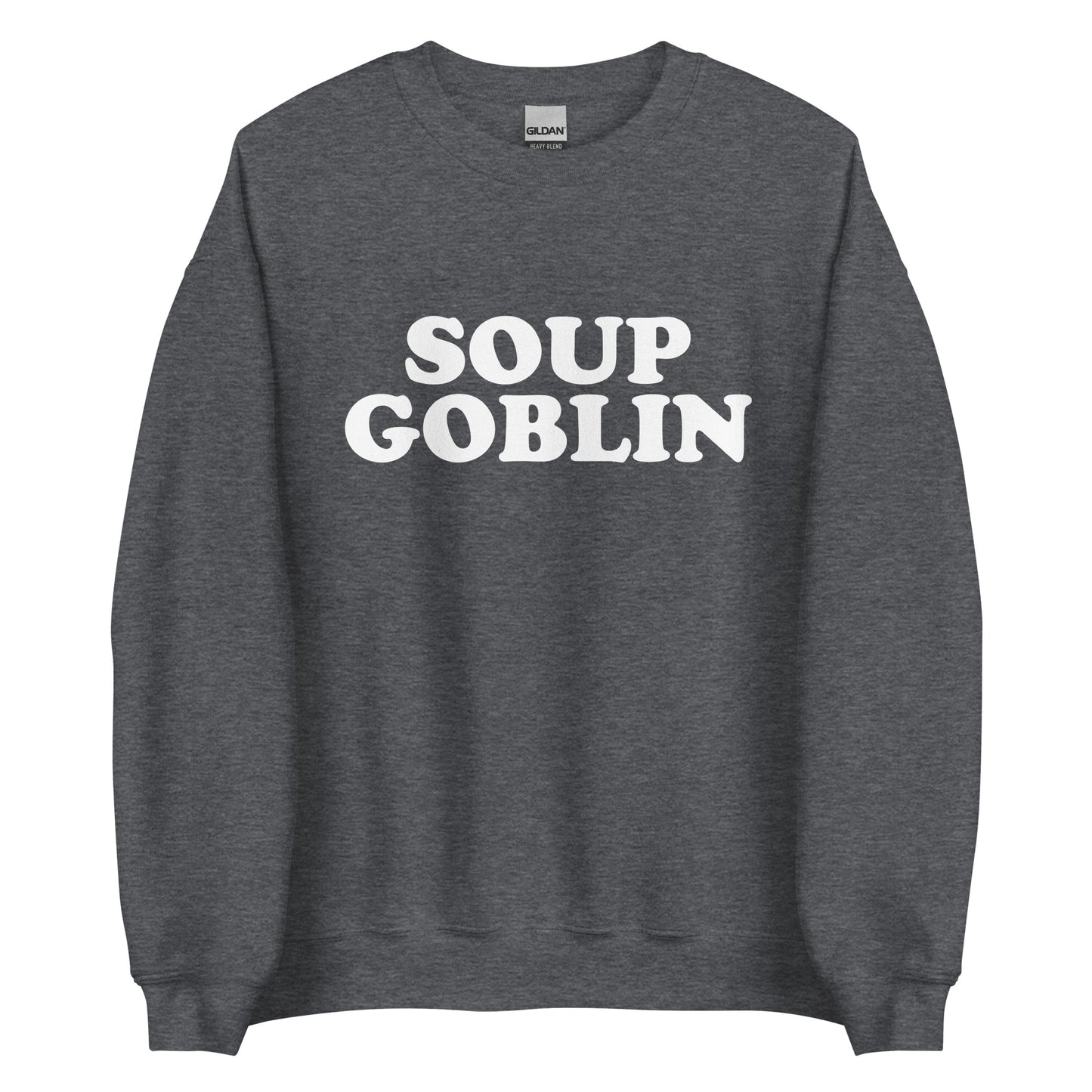 Dark Gray Soup Goblin Sweatshirt from Nina's Funky Shop by ninanush - Are you a soup goblin? Looking for a funny foodie gift? Our Soup Goblin Crewneck Sweatshirt is soft, comfortable and just what you need. It's a unisex soup sweatshirt with "soup goblin", expertly printed on the front. A funny foodie sweatshirt for soup enthusiasts and a quirky sweatshirt for everyday streetwear.