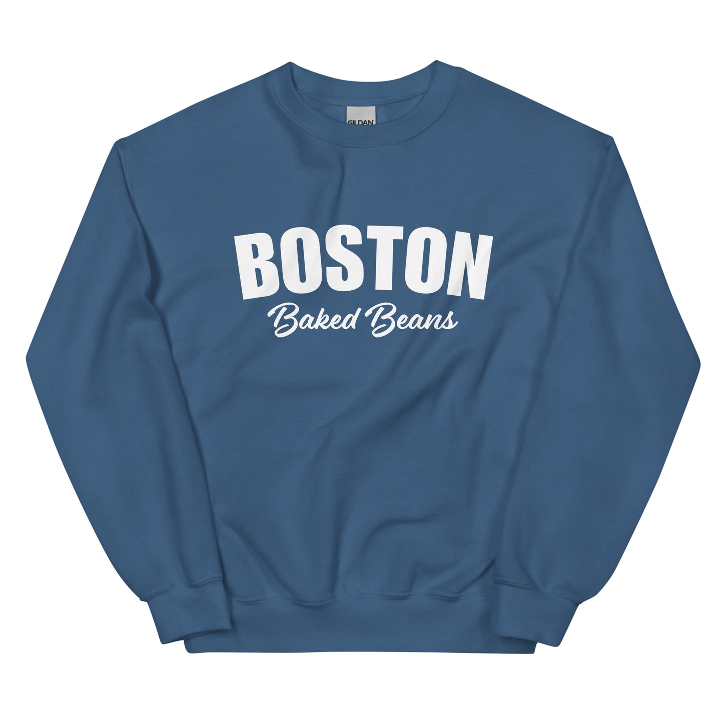 Indigo Blue Boston Baked Beans Sweatshirt from Nina's Funky Shop by ninanush - Fan of Boston Baked Beans? Need a fun gift for a New Englander? Introducing our Boston Baked Beans Sweatshirt! It's a funny foodie sweatshirt for Baked Beans. This unisex, varsity sweatshirt comes in a variety of colors with the words "Boston Baked Beans" on the front. Eat baked beans in style in this foodie sweatshirt.
