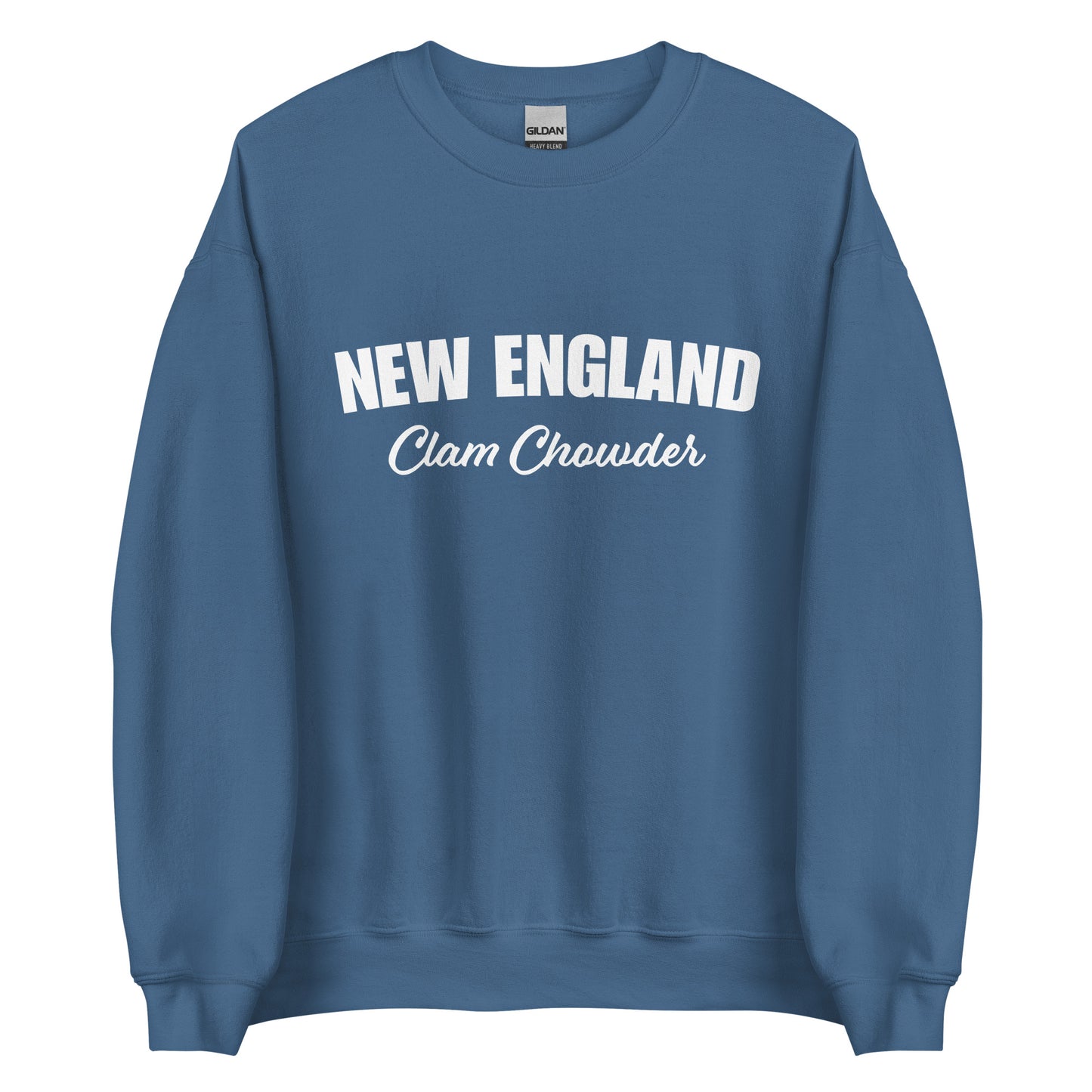 Indigo Blue New England Clam Chowder Sweatshirt from Nina's Funky Shop by ninanush - Do you love New England Clam Chowder? Looking for a gift for your favorite New Englander? Introducing our New England Clam Chowder Sweatshirt! It's soft, comfortable and a funny foodie sweatshirt for Chowder lovers. This crew neck sweatshirt comes in a variety of colors with "New England Clam Chowder" on the front.
