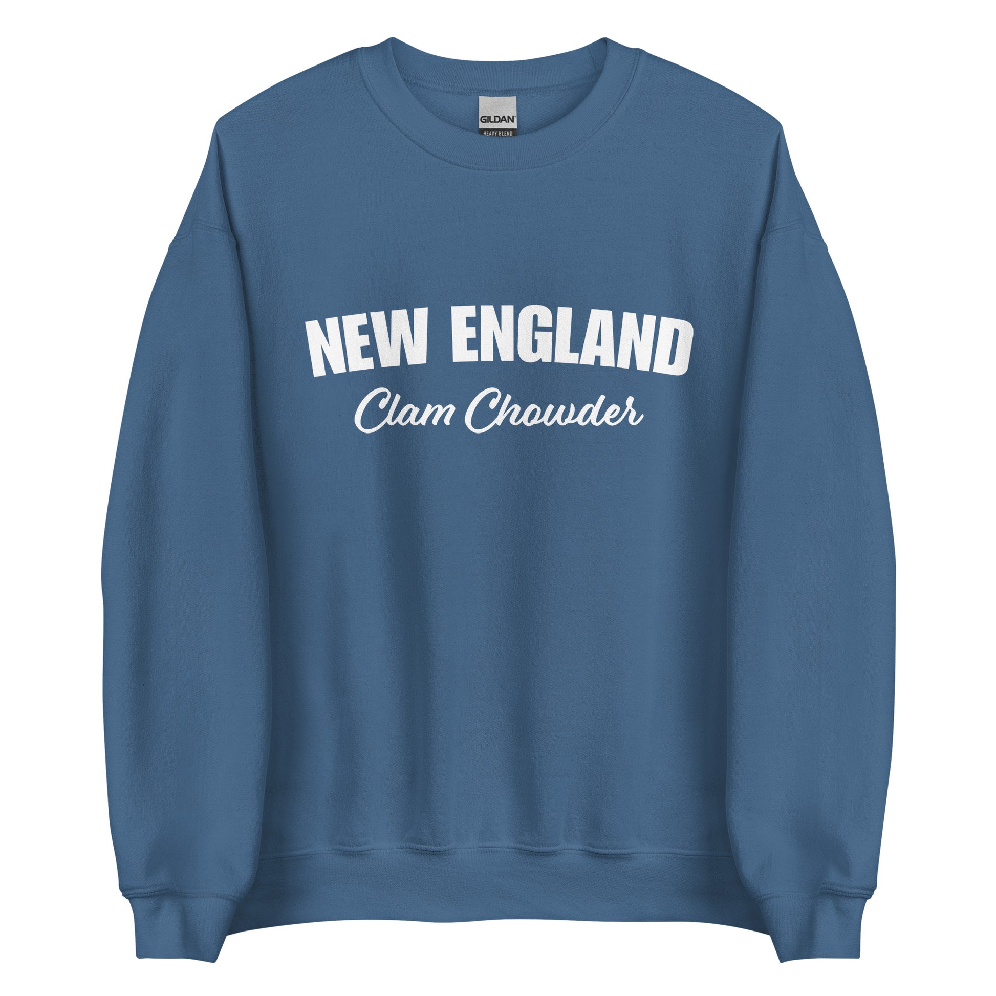 Indigo Blue New England Clam Chowder Sweatshirt from Nina's Funky Shop by ninanush - Do you love New England Clam Chowder? Looking for a gift for your favorite New Englander? Introducing our New England Clam Chowder Sweatshirt! It's soft, comfortable and a funny foodie sweatshirt for Chowder lovers. This crew neck sweatshirt comes in a variety of colors with "New England Clam Chowder" on the front.