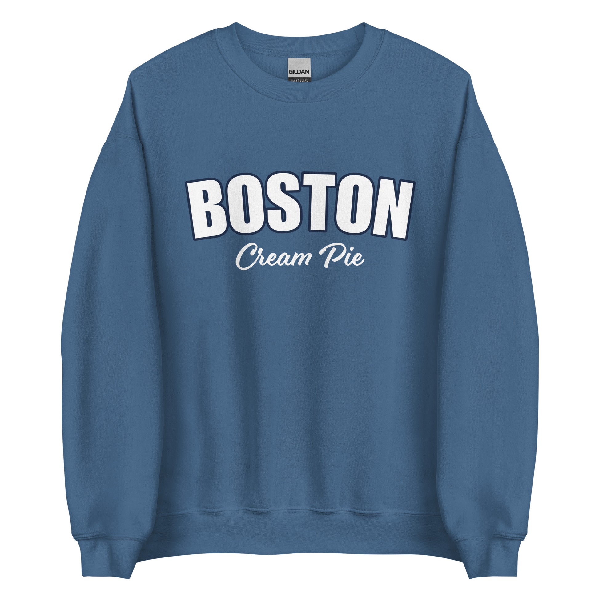Indigo Blue Boston Cream Pie Sweatshirt from Nina's Funky Shop by ninanush - Are you a Boston cream pie enthusiast? Looking for a gift for your favorite New Englander? Introducing our Boston Cream Pie Sweatshirt! It's soft, comfortable and a funny foodie sweatshirt for pie lovers like you. This unisex, varsity sweatshirt comes in a variety of colors with the words "Boston Cream Pie", expertly printed on the front.