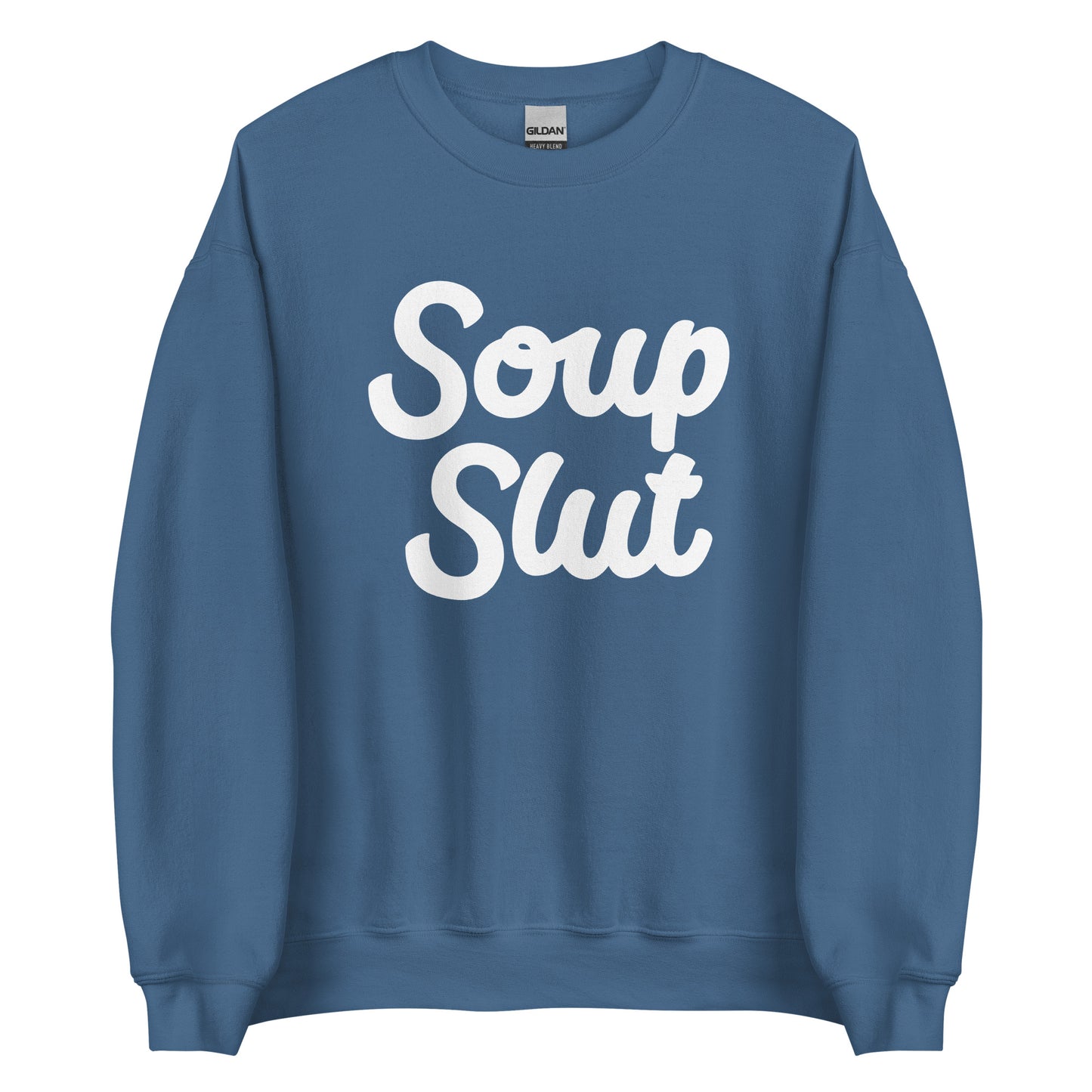 Indigo Blue Soup Slut Sweatshirt from Nina's Funky Shop by ninanush - Do you love soup? Looking for a funny gift? Our Soup Slut Crewneck Sweatshirt is soft, comfortable and just what you need. It's a unisex foodie sweatshirt with "soup slut" on the front. A funny foodie sweatshirt for cozy nights in or stand out soup lover streetwear. This soup enthusiast sweatshirt is made just for you.