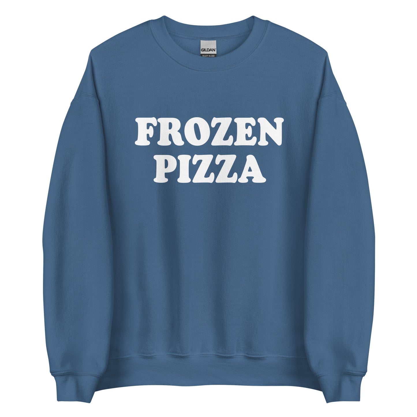 Indigo Blue Frozen Pizza Sweatshirt from Nina's Funky Shop by ninanush - Do you frozen pizza? Looking for a funny gift for a friend? Our Frozen Pizza Crewneck Sweatshirt is just what you need. It's a unisex sweatshirt for foodies with "frozen pizza" on the front. A funny food sweatshirt for cozy nights in or streetwear for foodies.This frozen pizza enthusiast sweatshirt is made just for you.