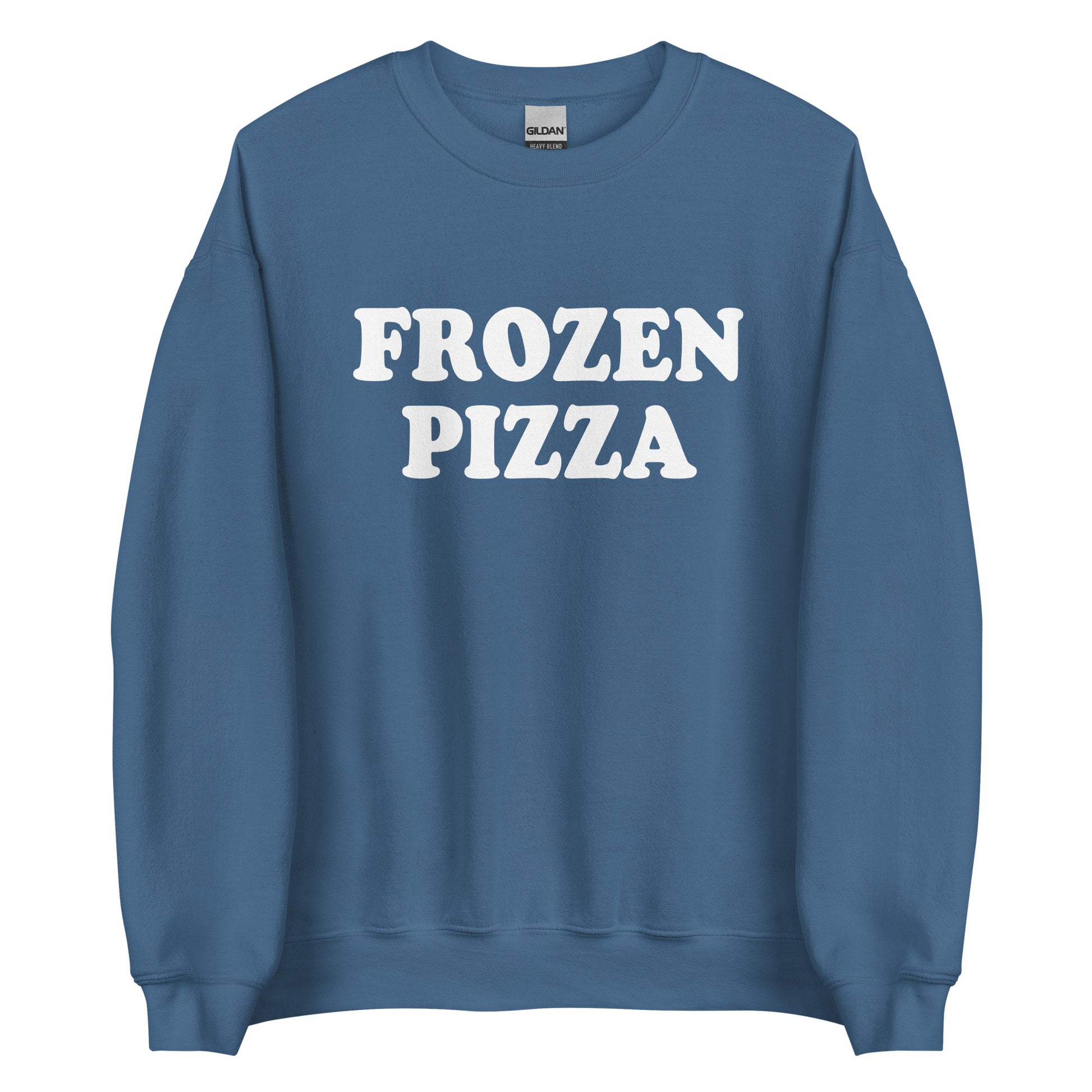 Indigo Blue Frozen Pizza Sweatshirt from Nina's Funky Shop by ninanush - Do you frozen pizza? Looking for a funny gift for a friend? Our Frozen Pizza Crewneck Sweatshirt is just what you need. It's a unisex sweatshirt for foodies with "frozen pizza" on the front. A funny food sweatshirt for cozy nights in or streetwear for foodies.This frozen pizza enthusiast sweatshirt is made just for you.