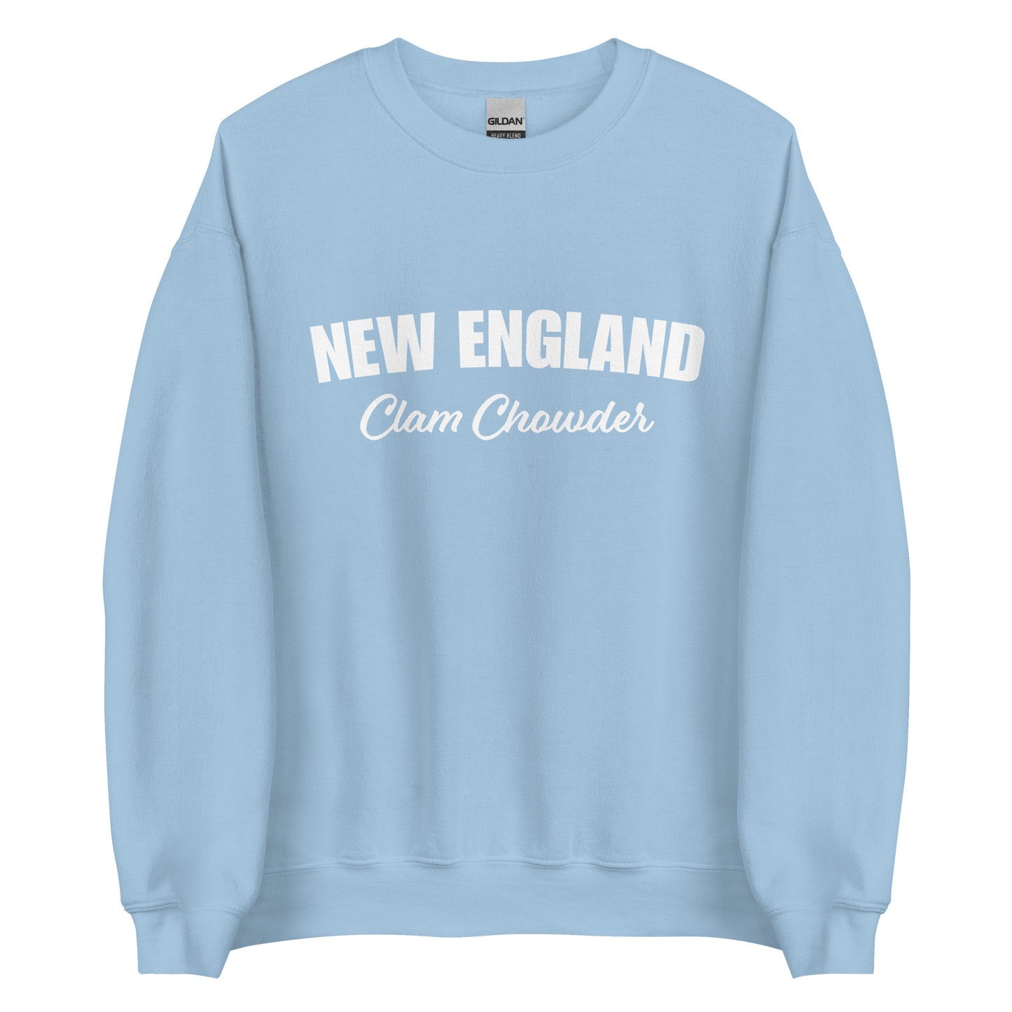 Light Blue New England Clam Chowder Sweatshirt from Nina's Funky Shop by ninanush - Do you love New England Clam Chowder? Looking for a gift for your favorite New Englander? Introducing our New England Clam Chowder Sweatshirt! It's soft, comfortable and a funny foodie sweatshirt for Chowder lovers. This crew neck sweatshirt comes in a variety of colors with "New England Clam Chowder" on the front.