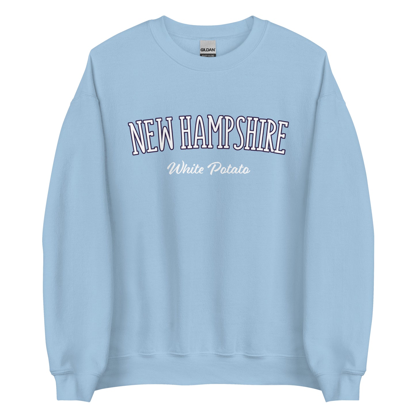Light blue New Hampshire White Potato Sweatshirt from Nina's Funky Shop by ninanush - Do you love white potatoes? Looking for a funny New Hampshire gift? Introducing our New Hampshire White Potato Sweatshirt! It's a unique New Hampshire sweatshirt for white potato lovers and New Englanders of all kinds. This unisex, crew neck sweatshirt is perfect for cozy New England nights in or stand out streetwear.