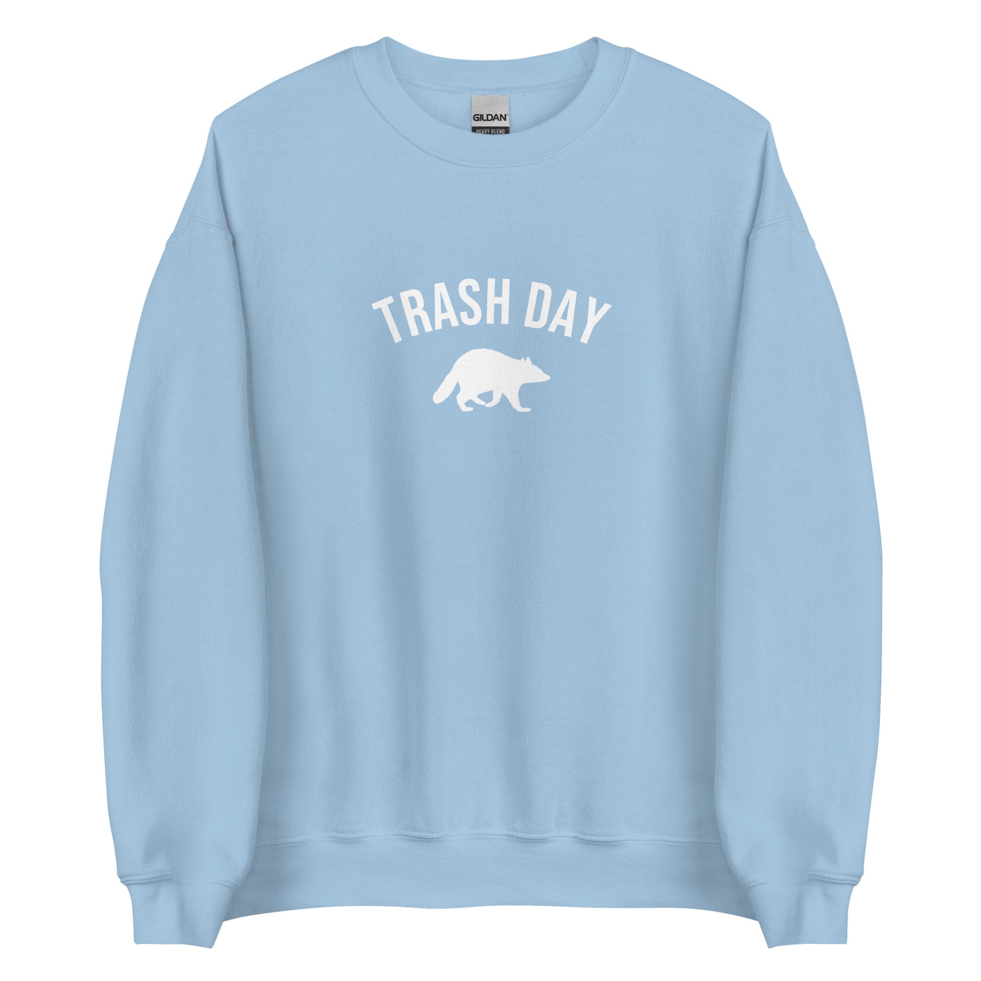 Light Blue Trash Day Raccoon Sweatshirt from Nina's Funky Shop by ninanush - Live every day like it's trash day Do you love raccoons? Looking for a funny gift? Our Trash Day Raccoon Crewneck Sweatshirt is soft, comfortable and just what you need. It's a unisex raccoon sweatshirt that comes in a variety of colors with "trash day" and a raccoon silhouette, expertly printed on the front.