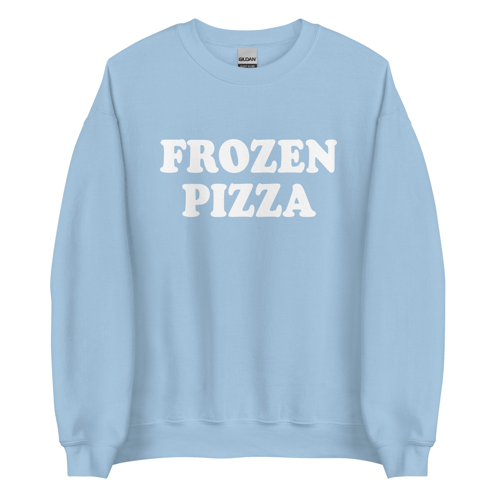 Light Blue Frozen Pizza Sweatshirt from Nina's Funky Shop by ninanush - Do you frozen pizza? Looking for a funny gift for a friend? Our Frozen Pizza Crewneck Sweatshirt is just what you need. It's a unisex sweatshirt for foodies with "frozen pizza" on the front. A funny food sweatshirt for cozy nights in or streetwear for foodies.This frozen pizza enthusiast sweatshirt is made just for you.