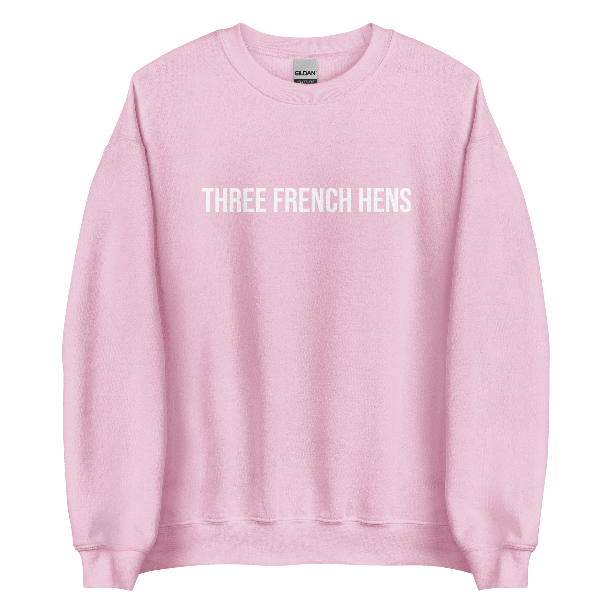 Light Pink Three French Hens Sweatshirt from Nina's Funky Shop by ninanush - Looking for a unique holiday sweater? A funny Christmas gift? Our Three French Hens Crewneck Sweatshirt is made just for you. It comes in a variety of colors with "Three French Hens" on the front. Designed by Nina, this funny Christmas sweatshirt is perfect for a holiday party or a quirky sweatshirt for everyday.
