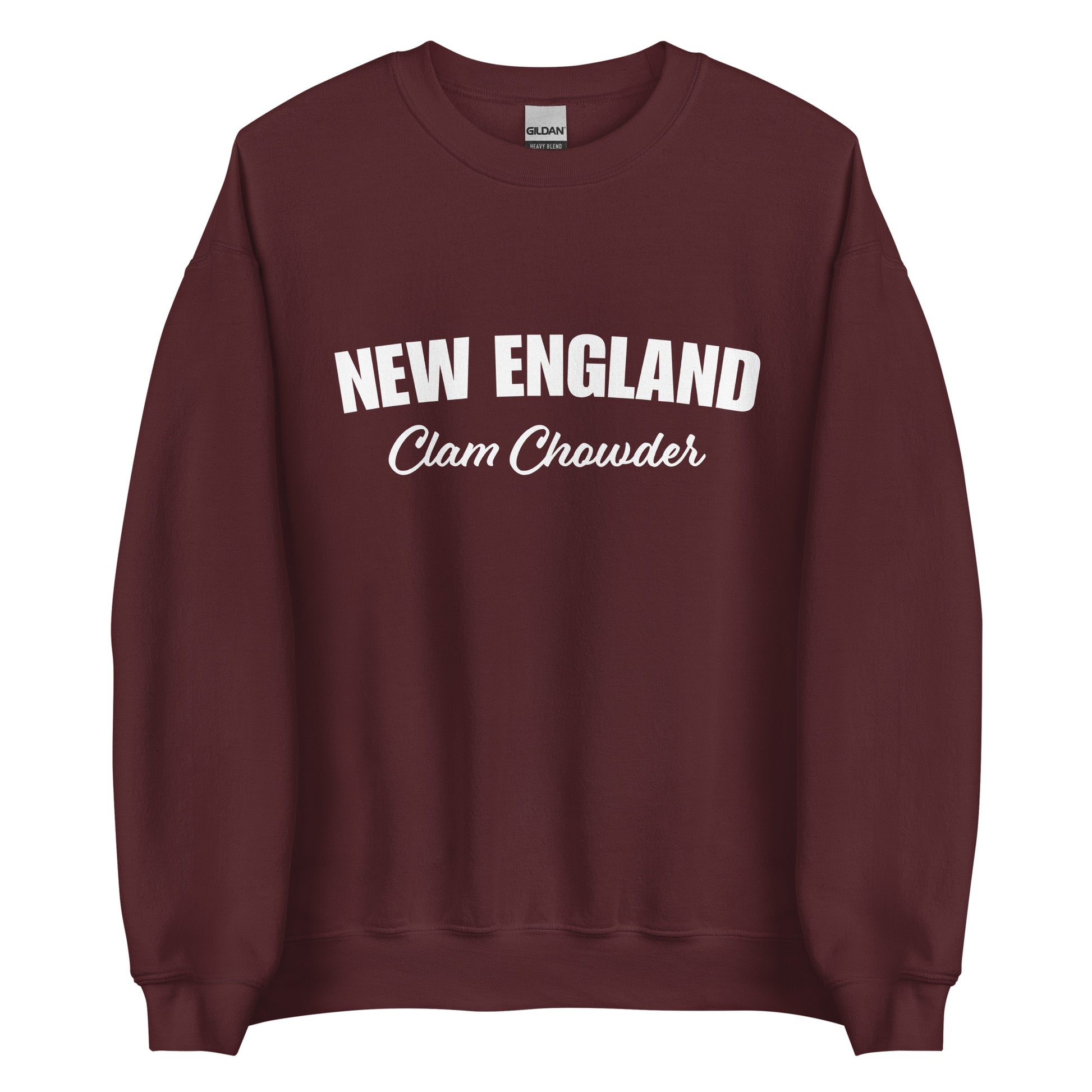 Maroon New England Clam Chowder Sweatshirt from Nina's Funky Shop by ninanush - Do you love New England Clam Chowder? Looking for a gift for your favorite New Englander? Introducing our New England Clam Chowder Sweatshirt! It's soft, comfortable and a funny foodie sweatshirt for Chowder lovers. This crew neck sweatshirt comes in a variety of colors with "New England Clam Chowder" on the front.