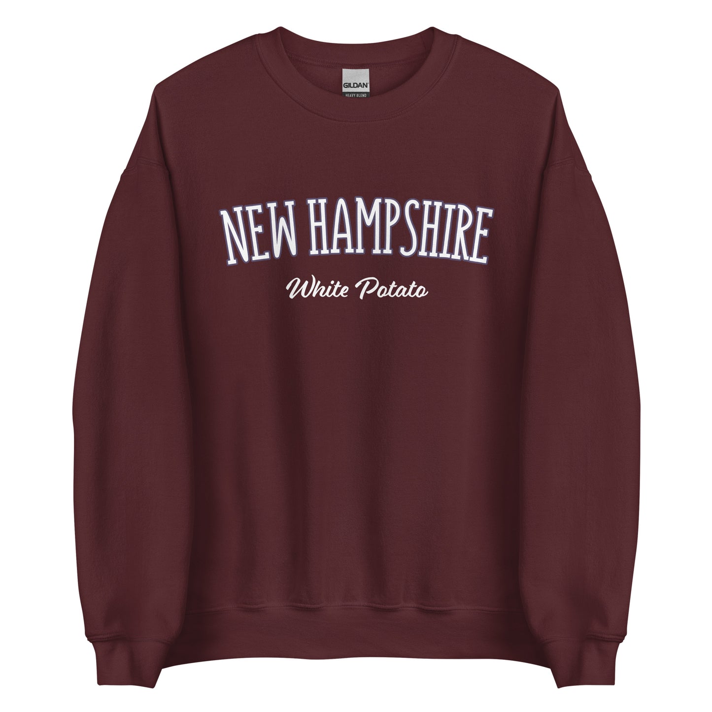 Maroon New Hampshire White Potato Sweatshirt from Nina's Funky Shop by ninanush - Do you love white potatoes? Looking for a funny New Hampshire gift? Introducing our New Hampshire White Potato Sweatshirt! It's a unique New Hampshire sweatshirt for white potato lovers and New Englanders of all kinds. This unisex, crew neck sweatshirt is perfect for cozy New England nights in or stand out streetwear.