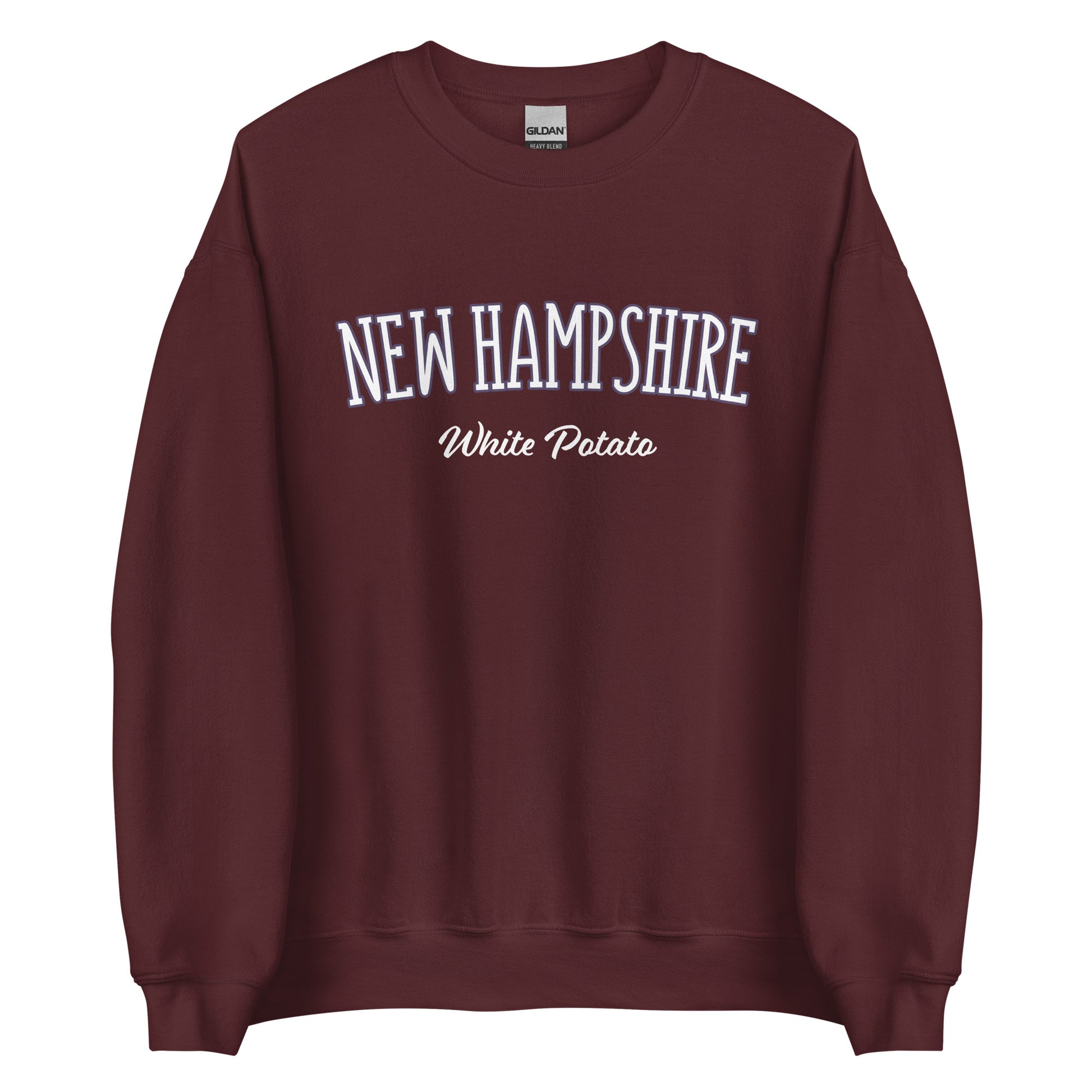 Maroon New Hampshire White Potato Sweatshirt from Nina's Funky Shop by ninanush - Do you love white potatoes? Looking for a funny New Hampshire gift? Introducing our New Hampshire White Potato Sweatshirt! It's a unique New Hampshire sweatshirt for white potato lovers and New Englanders of all kinds. This unisex, crew neck sweatshirt is perfect for cozy New England nights in or stand out streetwear.