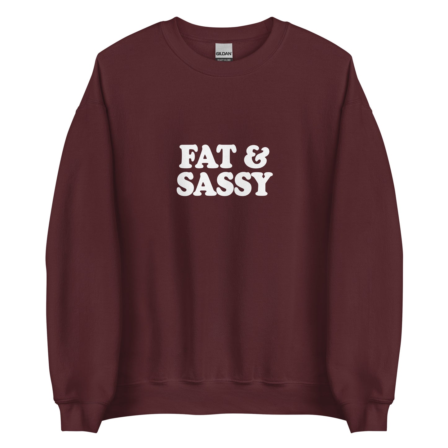 Maroon Fat and Sassy Sweatshirt from Nina's Funky Shop by ninanush - Love food? Looking for a funny gift for your sassy friend? Our Fat and Sassy Crew Neck Sweatshirt is soft, comfortable and just what you need. It's a unisex sweatshirt that comes in a variety of colors with "Fat & Sassy", expertly printed on the front. A unique and funny sweatshirt for cozy nights or funky streetwear.