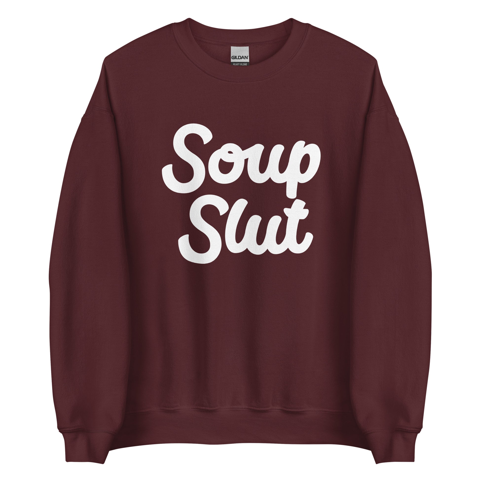 Maroon Soup Slut Sweatshirt from Nina's Funky Shop by ninanush - Do you love soup? Looking for a funny gift? Our Soup Slut Crewneck Sweatshirt is soft, comfortable and just what you need. It's a unisex foodie sweatshirt with "soup slut" on the front. A funny foodie sweatshirt for cozy nights in or stand out soup lover streetwear. This soup enthusiast sweatshirt is made just for you.