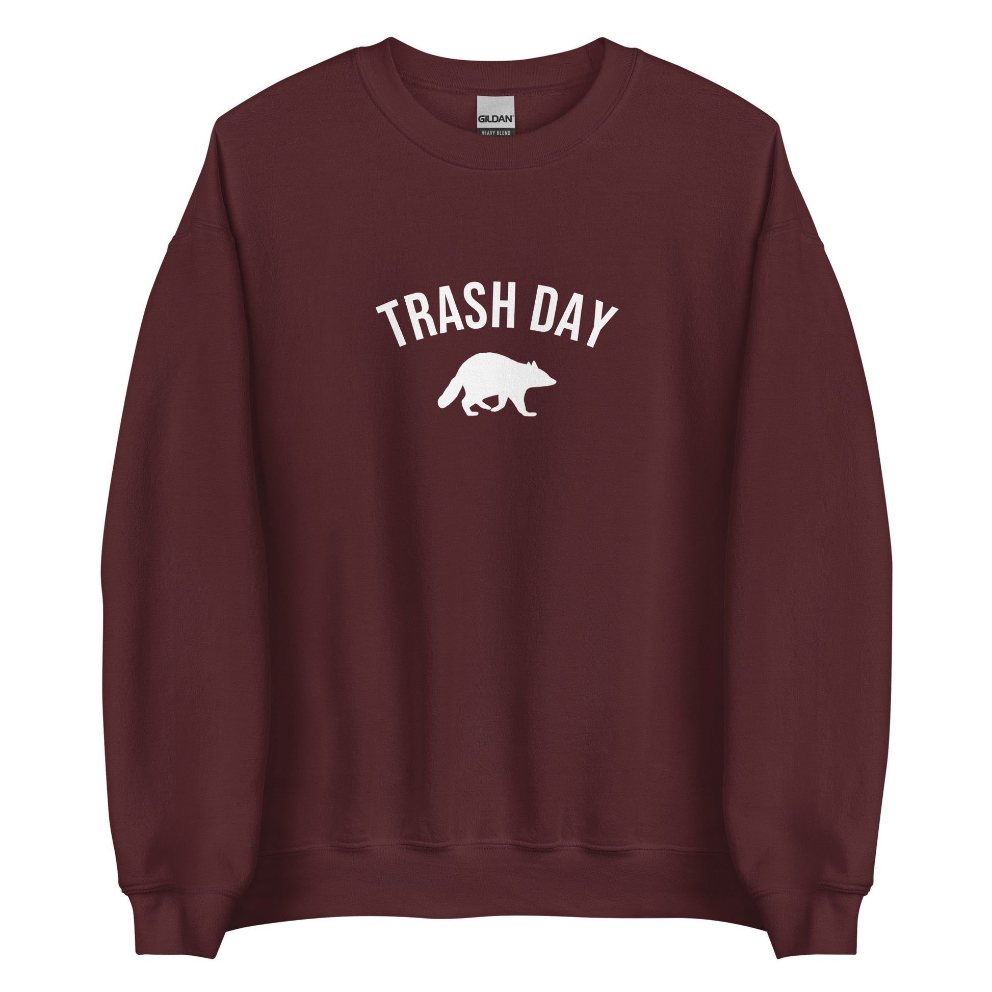 Maroon Trash Day Raccoon Sweatshirt from Nina's Funky Shop by ninanush - Live every day like it's trash day Do you love raccoons? Looking for a funny gift? Our Trash Day Raccoon Crewneck Sweatshirt is soft, comfortable and just what you need. It's a unisex raccoon sweatshirt that comes in a variety of colors with "trash day" and a raccoon silhouette, expertly printed on the front.