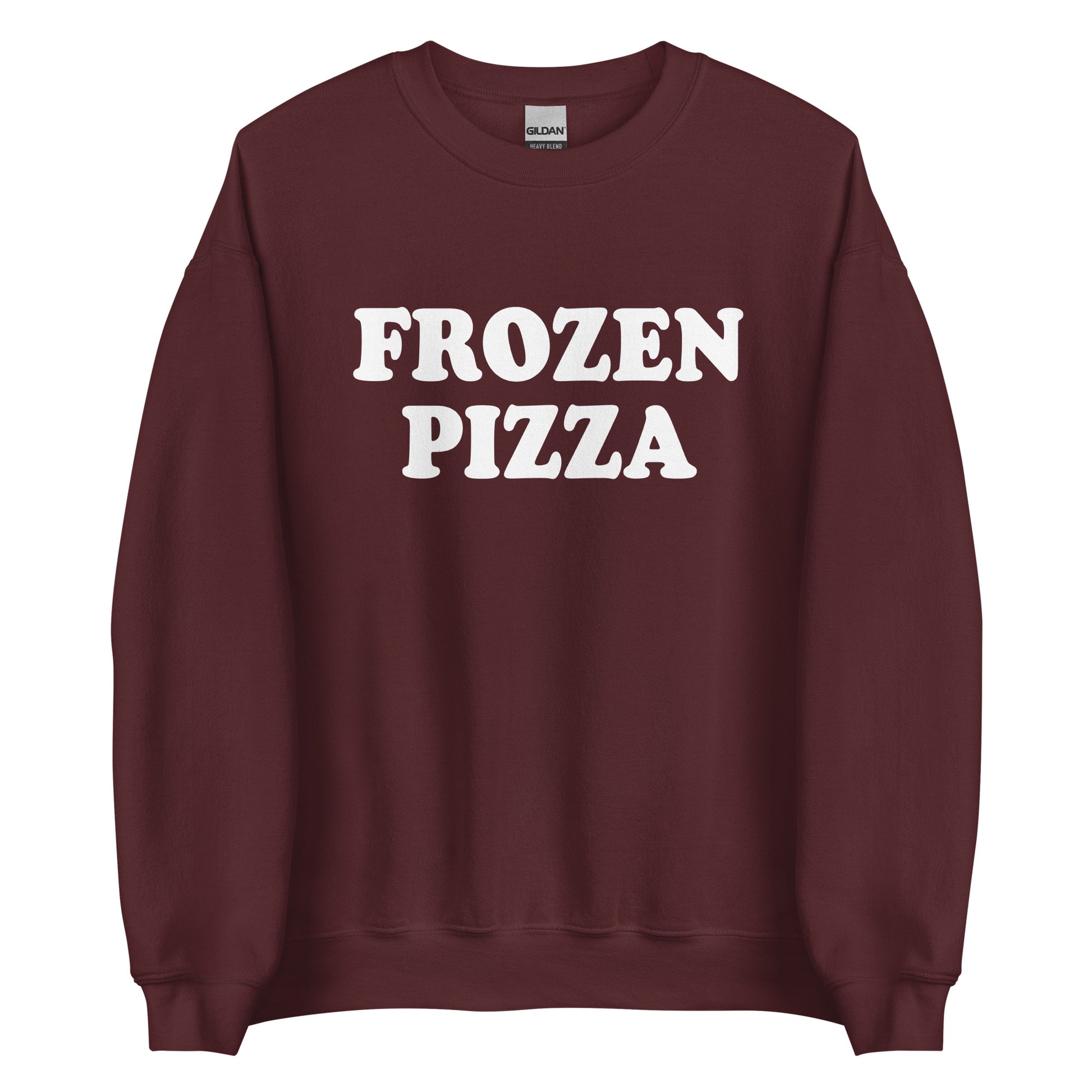 Maroon Frozen Pizza Sweatshirt from Nina's Funky Shop by ninanush - Do you frozen pizza? Looking for a funny gift for a friend? Our Frozen Pizza Crewneck Sweatshirt is just what you need. It's a unisex sweatshirt for foodies with "frozen pizza" on the front. A funny food sweatshirt for cozy nights in or streetwear for foodies.This frozen pizza enthusiast sweatshirt is made just for you.