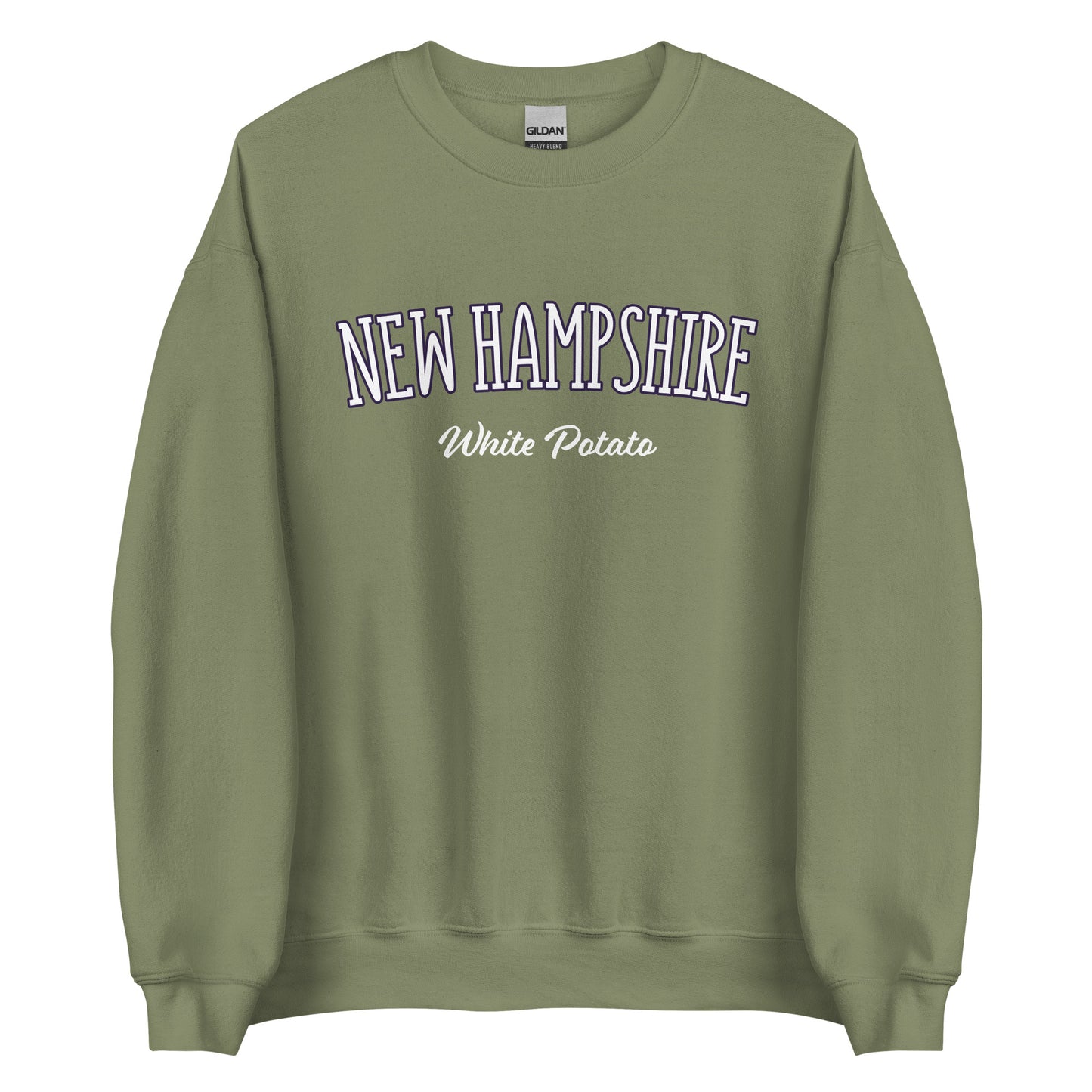 Army Green New Hampshire White Potato Sweatshirt from Nina's Funky Shop by ninanush - Do you love white potatoes? Looking for a funny New Hampshire gift? Introducing our New Hampshire White Potato Sweatshirt! It's a unique New Hampshire sweatshirt for white potato lovers and New Englanders of all kinds. This unisex, crew neck sweatshirt is perfect for cozy New England nights in or stand out streetwear.