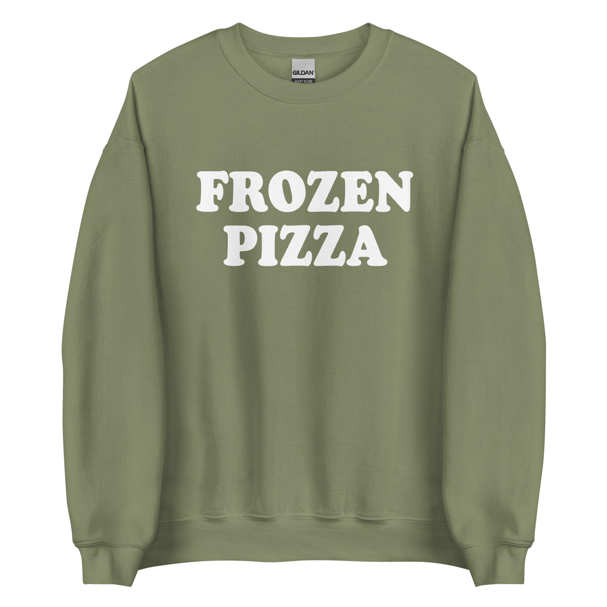 Army Green Frozen Pizza Sweatshirt from Nina's Funky Shop by ninanush - Do you frozen pizza? Looking for a funny gift for a friend? Our Frozen Pizza Crewneck Sweatshirt is just what you need. It's a unisex sweatshirt for foodies with "frozen pizza" on the front. A funny food sweatshirt for cozy nights in or streetwear for foodies.This frozen pizza enthusiast sweatshirt is made just for you.