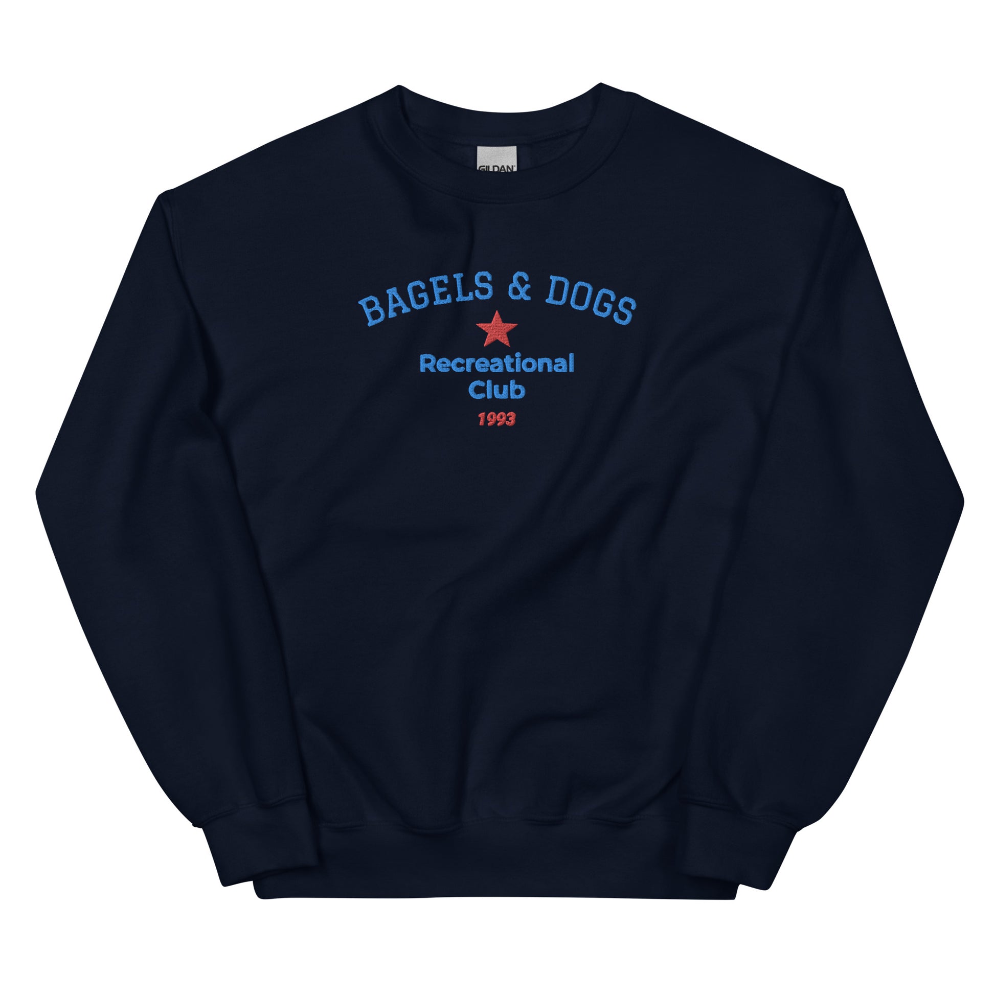 Navy bagels and dogs club sweatshirt from Nina's Funky Shop by ninanush - Do you love bagels and dogs? Looking for a funny gift for a friend? Our Bagels and Dogs Recreational Club Crewneck Sweatshirt is soft, comfortable and just what you need. It's a unisex sweatshirt that comes in a variety of colors with "Bagels And Dogs Recreational Club 1993", expertly embroidered on the front.