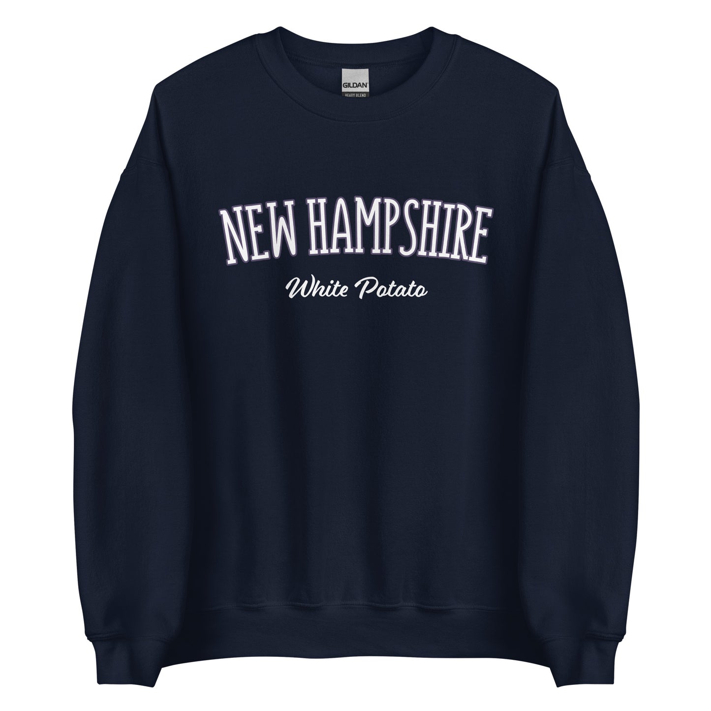 Navy New Hampshire White Potato Sweatshirt from Nina's Funky Shop by ninanush - Do you love white potatoes? Looking for a funny New Hampshire gift? Introducing our New Hampshire White Potato Sweatshirt! It's a unique New Hampshire sweatshirt for white potato lovers and New Englanders of all kinds. This unisex, crew neck sweatshirt is perfect for cozy New England nights in or stand out streetwear.