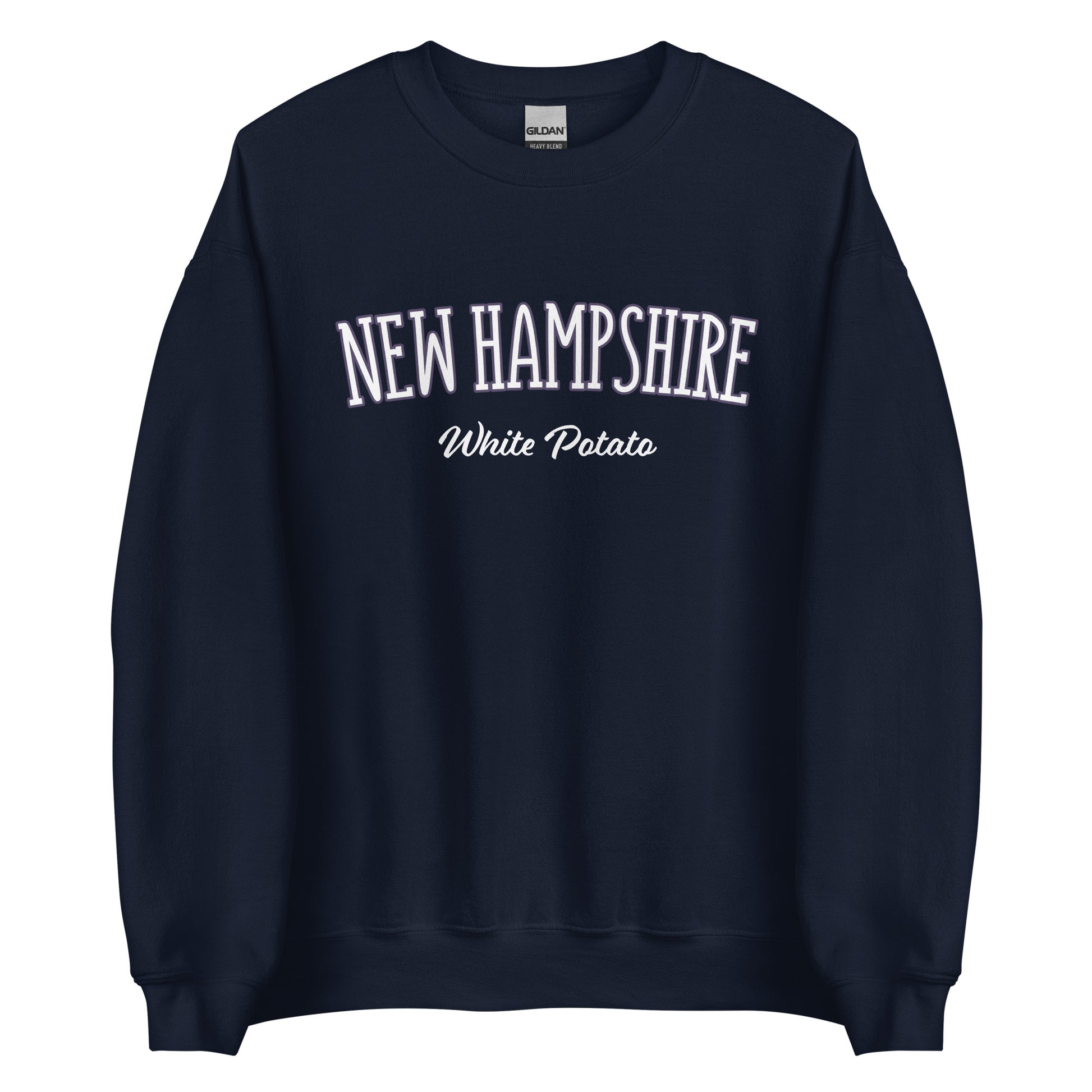 Navy New Hampshire White Potato Sweatshirt from Nina's Funky Shop by ninanush - Do you love white potatoes? Looking for a funny New Hampshire gift? Introducing our New Hampshire White Potato Sweatshirt! It's a unique New Hampshire sweatshirt for white potato lovers and New Englanders of all kinds. This unisex, crew neck sweatshirt is perfect for cozy New England nights in or stand out streetwear.