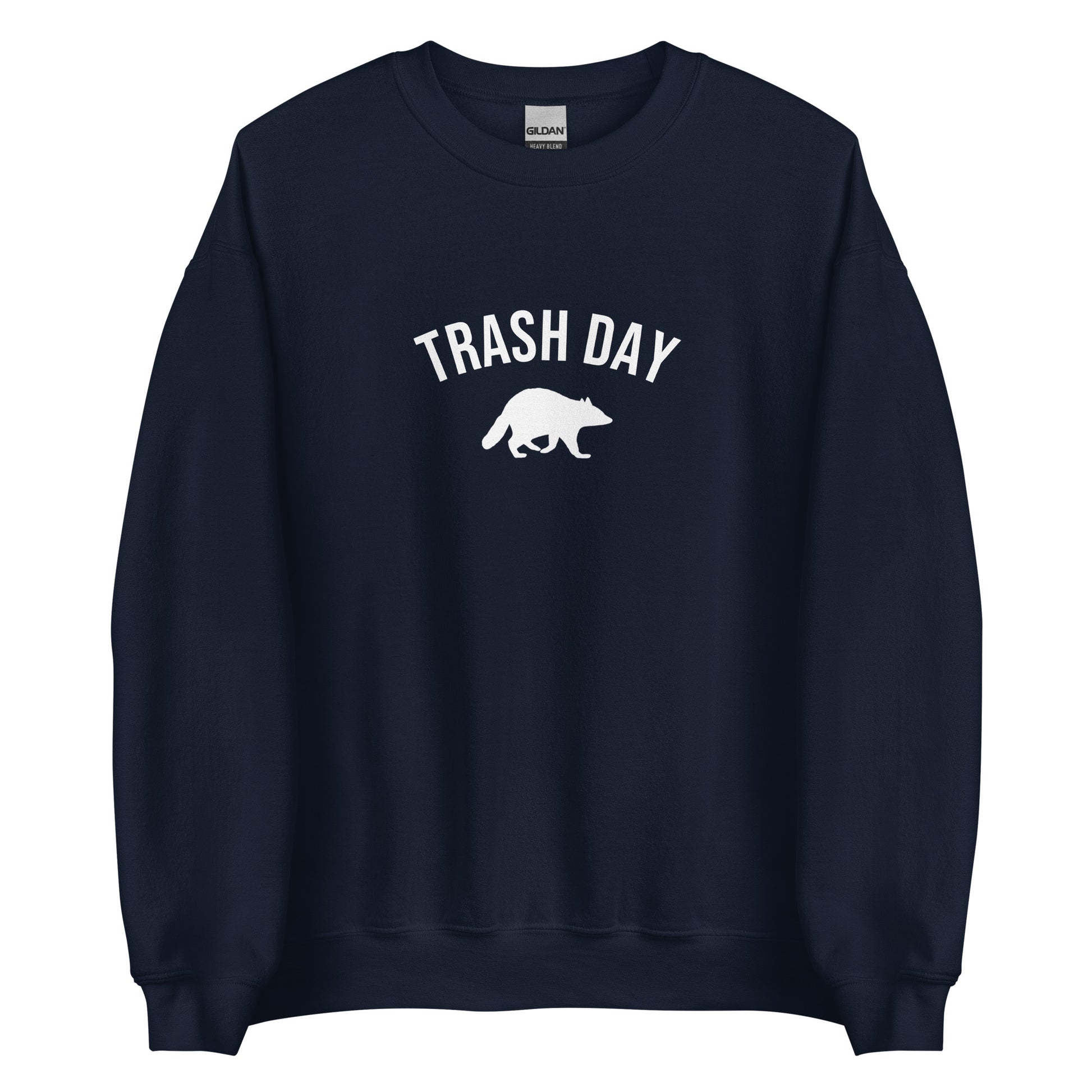 Navy Trash Day Raccoon Sweatshirt from Nina's Funky Shop by ninanush - Live every day like it's trash day Do you love raccoons? Looking for a funny gift? Our Trash Day Raccoon Crewneck Sweatshirt is soft, comfortable and just what you need. It's a unisex raccoon sweatshirt that comes in a variety of colors with "trash day" and a raccoon silhouette, expertly printed on the front.
