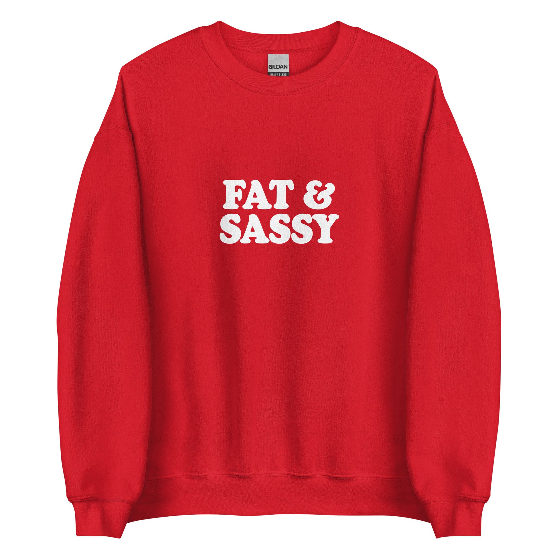 Red Fat and Sassy Sweatshirt from Nina's Funky Shop by ninanush - Love food? Looking for a funny gift for your sassy friend? Our Fat and Sassy Crew Neck Sweatshirt is soft, comfortable and just what you need. It's a unisex sweatshirt that comes in a variety of colors with "Fat & Sassy", expertly printed on the front. A unique and funny sweatshirt for cozy nights or funky streetwear.