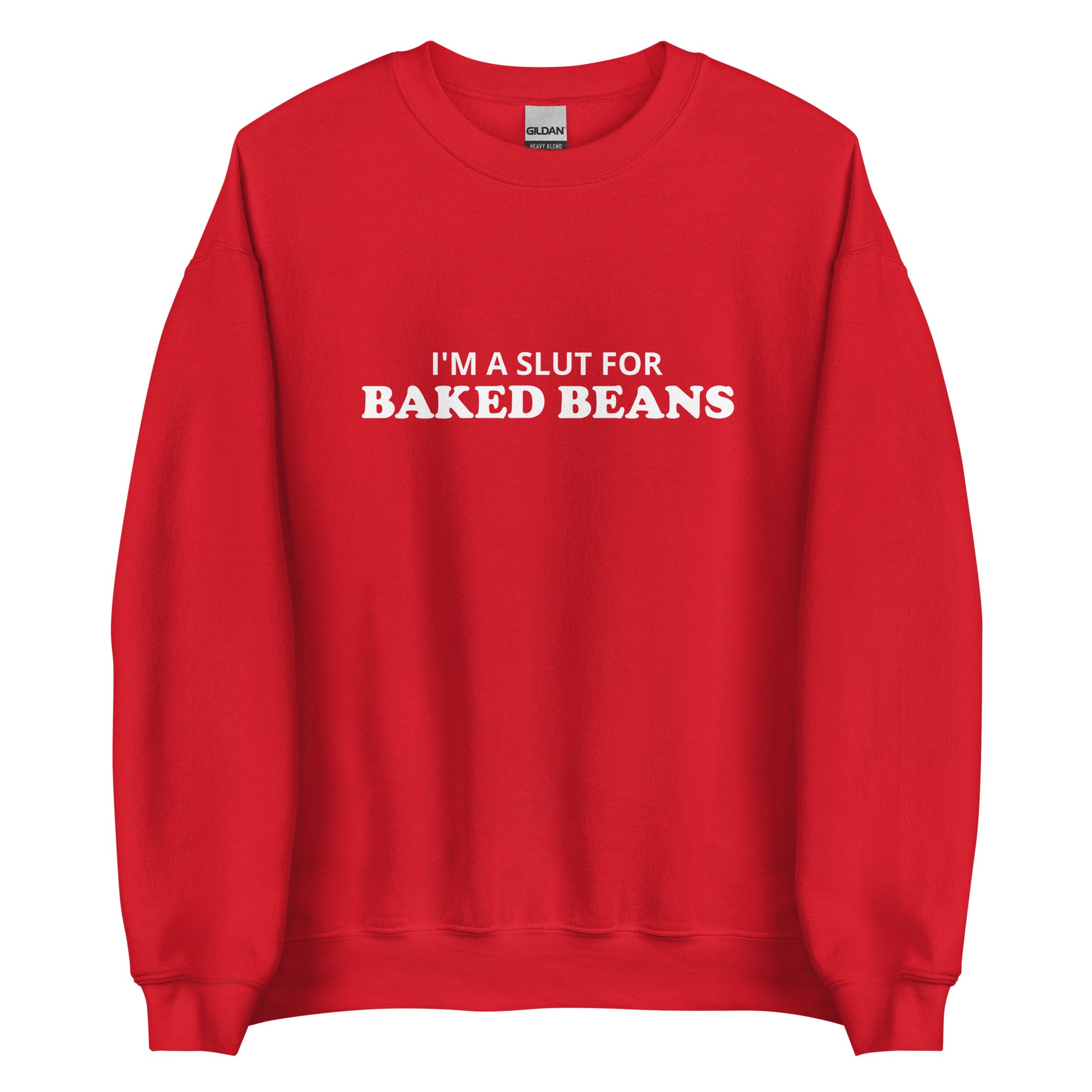 Red I'm A Slut For Baked Beans Sweatshirt from Nina's Funky Shop by Ninanush - Do you love baked beans? Looking for a funny foodie gift? Our Slut For Baked Beans Crew Neck Sweatshirt is soft, comfortable and just what you need. It's a unisex foodie sweatshirt that comes in a variety of colors with "I'm A Slut For Baked Beans", expertly printed on the front. This baked beans enthusiast sweatshirt was designed by Nina and made just for you.