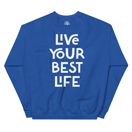 Royal blue live your best life sweatshirt from Nina's Funky Shop by ninanush - Hectic ✨ Live your best life in this unique and happy sweatshirt with a meaningful quote expertly printed on the front. It's a unisex, classic crew neck sweatshirt that spreads positivity in a variety of colors. Perfect for cozy nights or stand out streetwear, this sweatshirt is designed by Nina and made just for you.