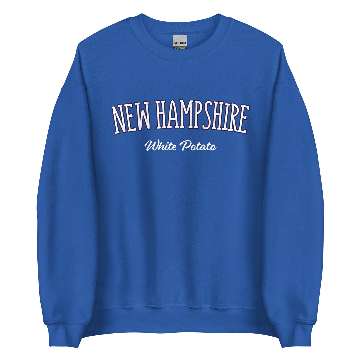 Royal blue unique New Hampshire White Potato Sweatshirt from Nina's Funky Shop by ninanush - Do you love white potatoes? Looking for a funny New Hampshire gift? Introducing our New Hampshire White Potato Sweatshirt! It's a unique New Hampshire sweatshirt for white potato lovers and New Englanders of all kinds. This unisex, crew neck sweatshirt is perfect for cozy New England nights in or stand out streetwear.