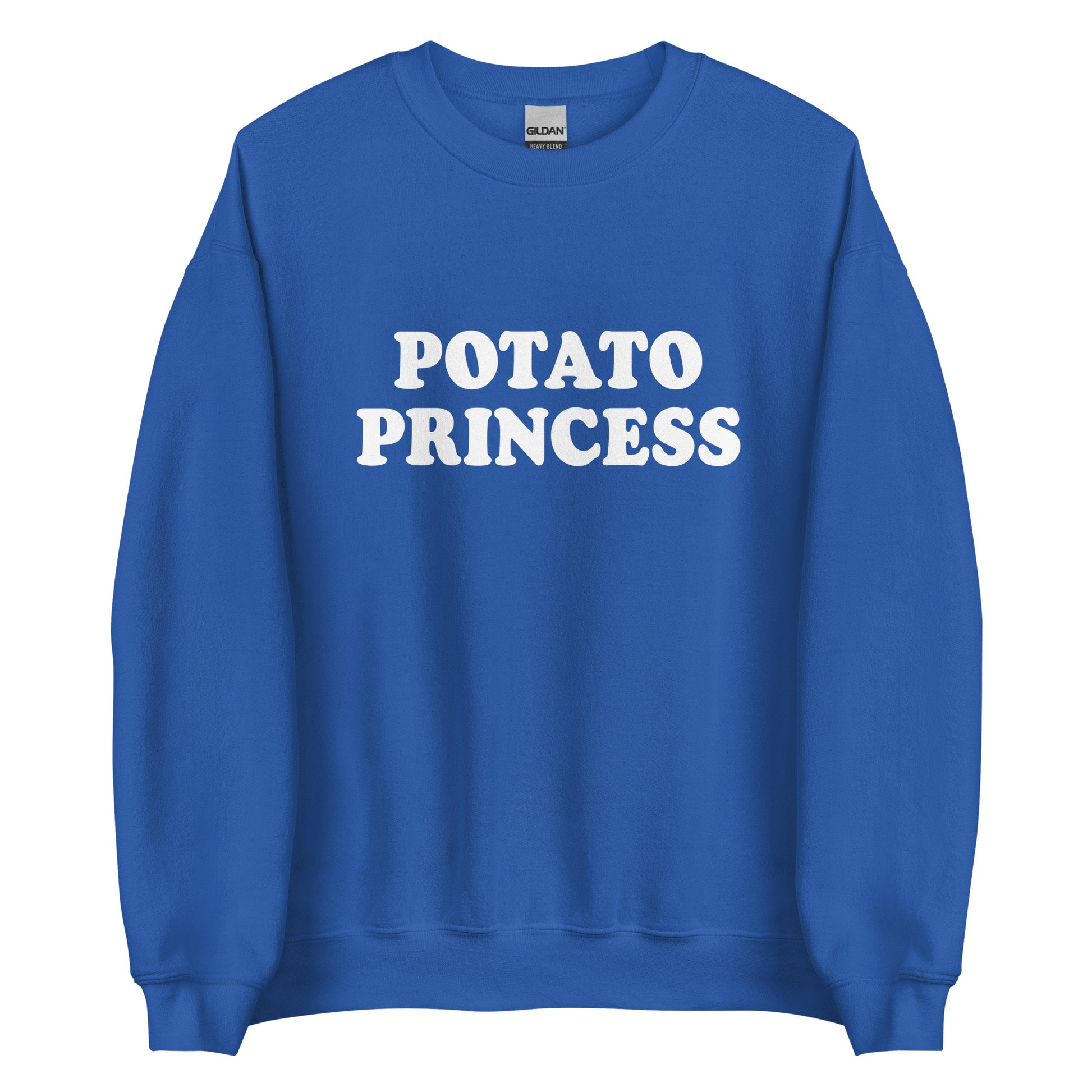Royal Blue potato princess crewneck sweatshirt from Nina's Funky Shop by ninanush - Do you love potatoes? Looking for a funny gift for a friend? Our Potato Crewneck Sweatshirt is just what you need. It's a unisex potato sweatshirt with "Potato Princess" on the front. A funny foodie sweatshirt for cozy nights in or stand out potato lover streetwear. This potato enthusiast sweatshirt is bold and made just for you.