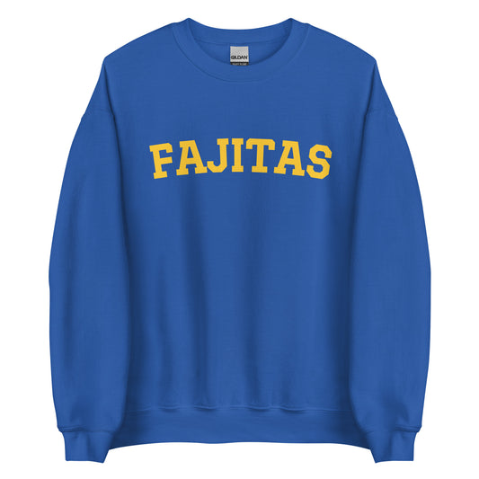 Royal Blue Fajitas Sweatshirt from Nina's Funky Shop - Love fajitas? Looking for a funny gift? Our Fajitas Crewneck Sweatshirt is soft, comfortable and just what you need for an effortless everyday look. It's a unisex sweatshirt that comes in a variety of colors with "fajitas", expertly printed on the front. The perfect cozy and funny fajita academy sweatshirt for foodies. 