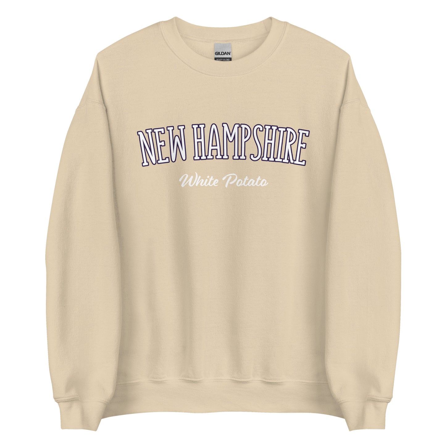 Tan New Hampshire White Potato Sweatshirt from Nina's Funky Shop by ninanush - Do you love white potatoes? Looking for a funny New Hampshire gift? Introducing our New Hampshire White Potato Sweatshirt! It's a unique New Hampshire sweatshirt for white potato lovers and New Englanders of all kinds. This unisex, crew neck sweatshirt is perfect for cozy New England nights in or stand out streetwear.