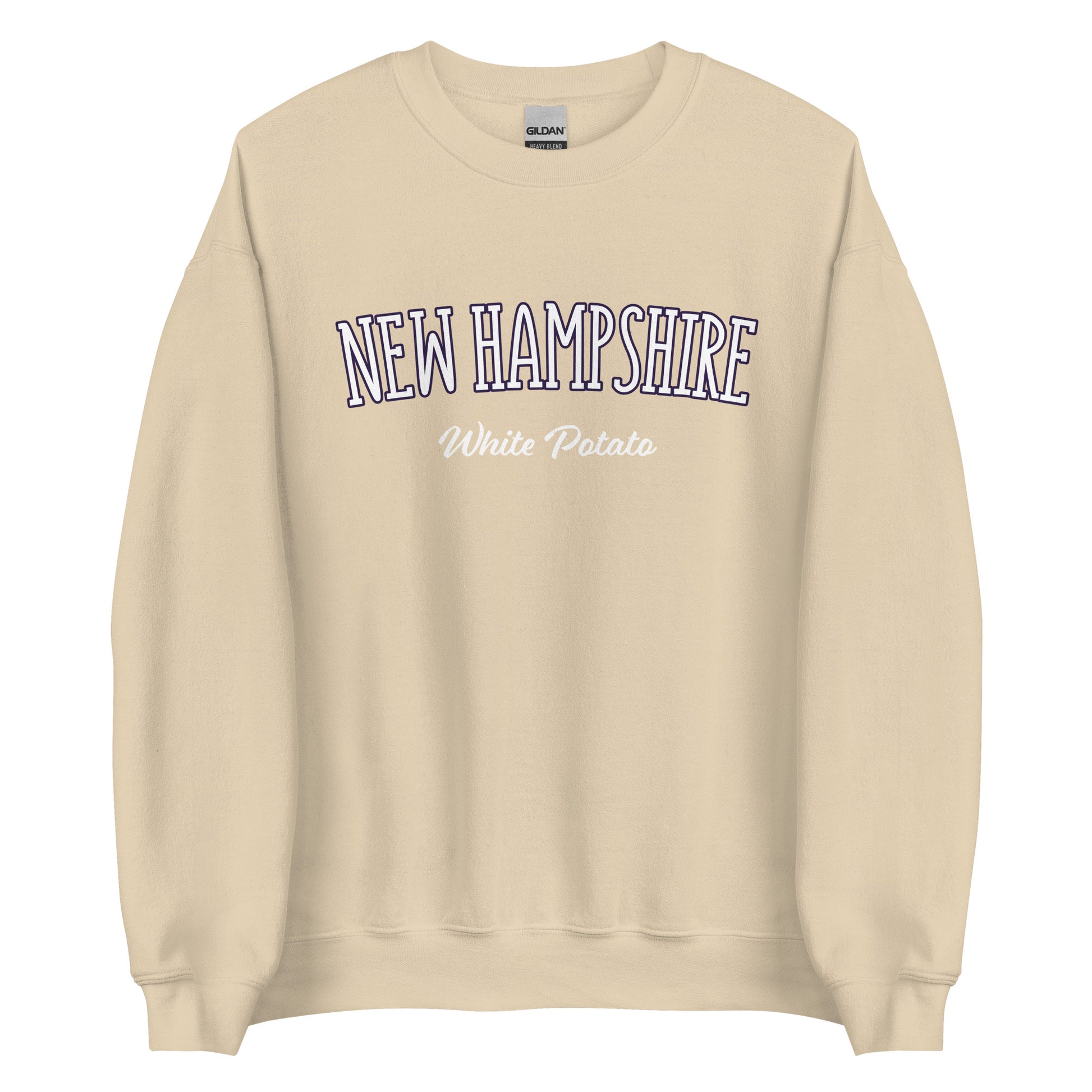 Tan New Hampshire White Potato Sweatshirt from Nina's Funky Shop by ninanush - Do you love white potatoes? Looking for a funny New Hampshire gift? Introducing our New Hampshire White Potato Sweatshirt! It's a unique New Hampshire sweatshirt for white potato lovers and New Englanders of all kinds. This unisex, crew neck sweatshirt is perfect for cozy New England nights in or stand out streetwear.