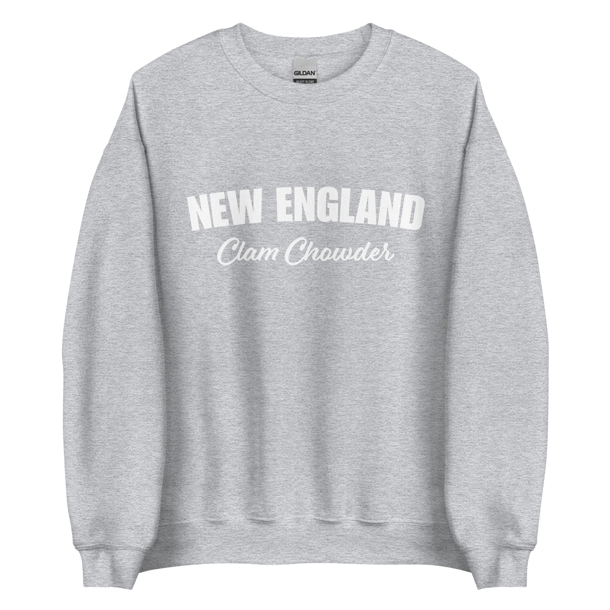 Light Gray New England Clam Chowder Sweatshirt from Nina's Funky Shop by ninanush - Do you love New England Clam Chowder? Looking for a gift for your favorite New Englander? Introducing our New England Clam Chowder Sweatshirt! It's soft, comfortable and a funny foodie sweatshirt for Chowder lovers. This crew neck sweatshirt comes in a variety of colors with "New England Clam Chowder" on the front.