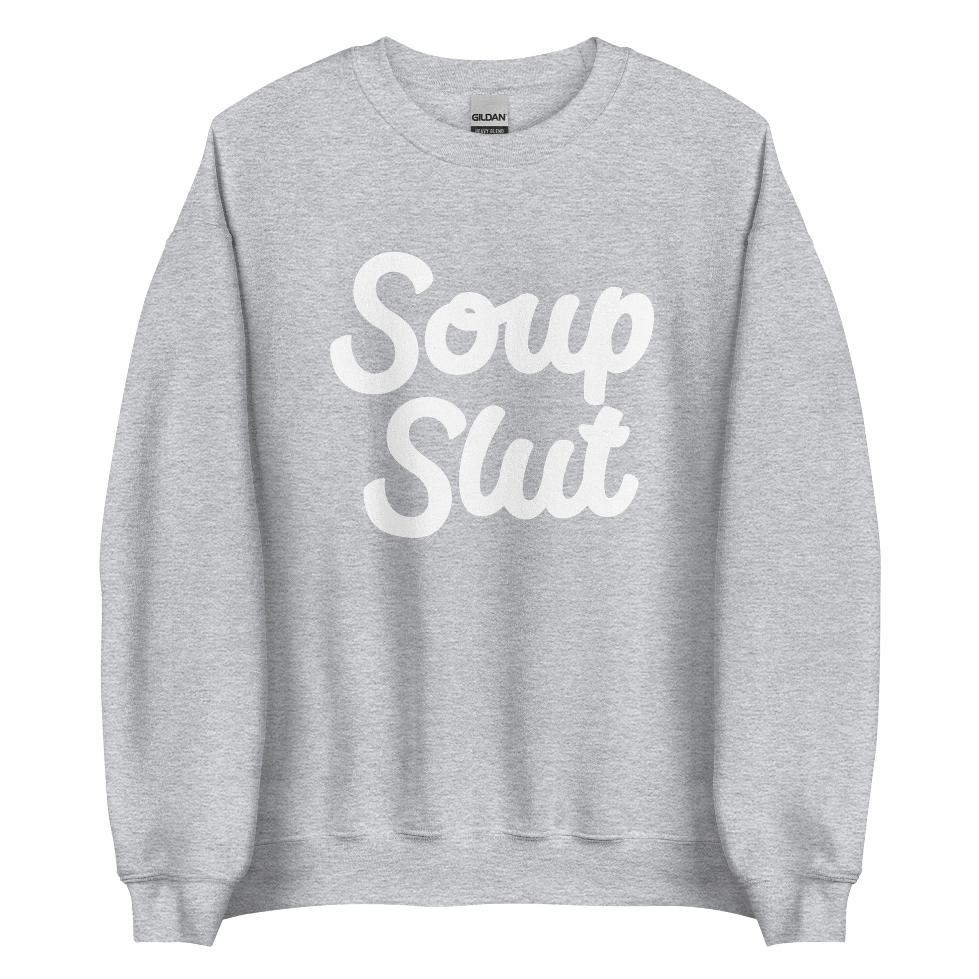 Light Gray Soup Slut Sweatshirt from Nina's Funky Shop by ninanush - Do you love soup? Looking for a funny gift? Our Soup Slut Crewneck Sweatshirt is soft, comfortable and just what you need. It's a unisex foodie sweatshirt with "soup slut" on the front. A funny foodie sweatshirt for cozy nights in or stand out soup lover streetwear. This soup enthusiast sweatshirt is made just for you.