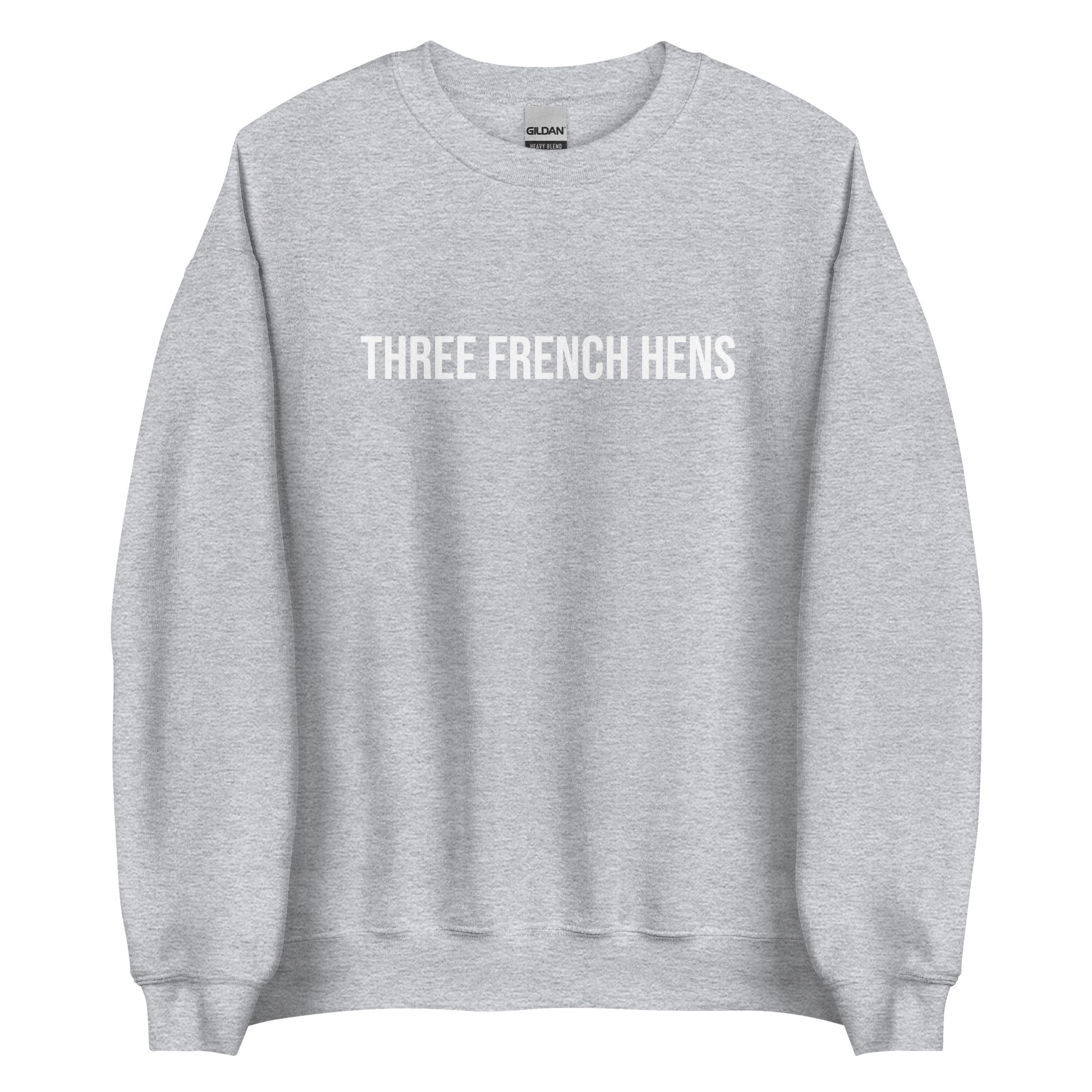 Light Gray Three French Hens Sweatshirt from Nina's Funky Shop by ninanush - Looking for a unique holiday sweater? A funny Christmas gift? Our Three French Hens Crewneck Sweatshirt is made just for you. It comes in a variety of colors with "Three French Hens" on the front. Designed by Nina, this funny Christmas sweatshirt is perfect for a holiday party or a quirky sweatshirt for everyday.